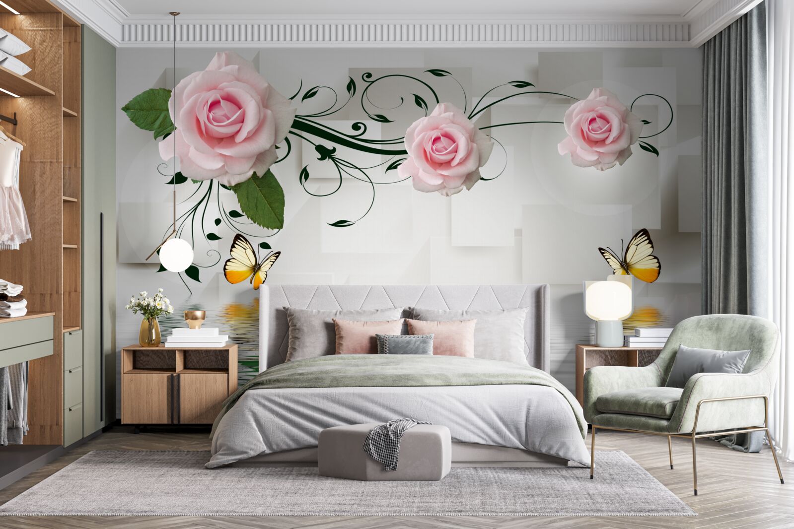 Fototapet fluturi deasupra apei lângă o ramură de trandafir cu o nuanță delicată de roz