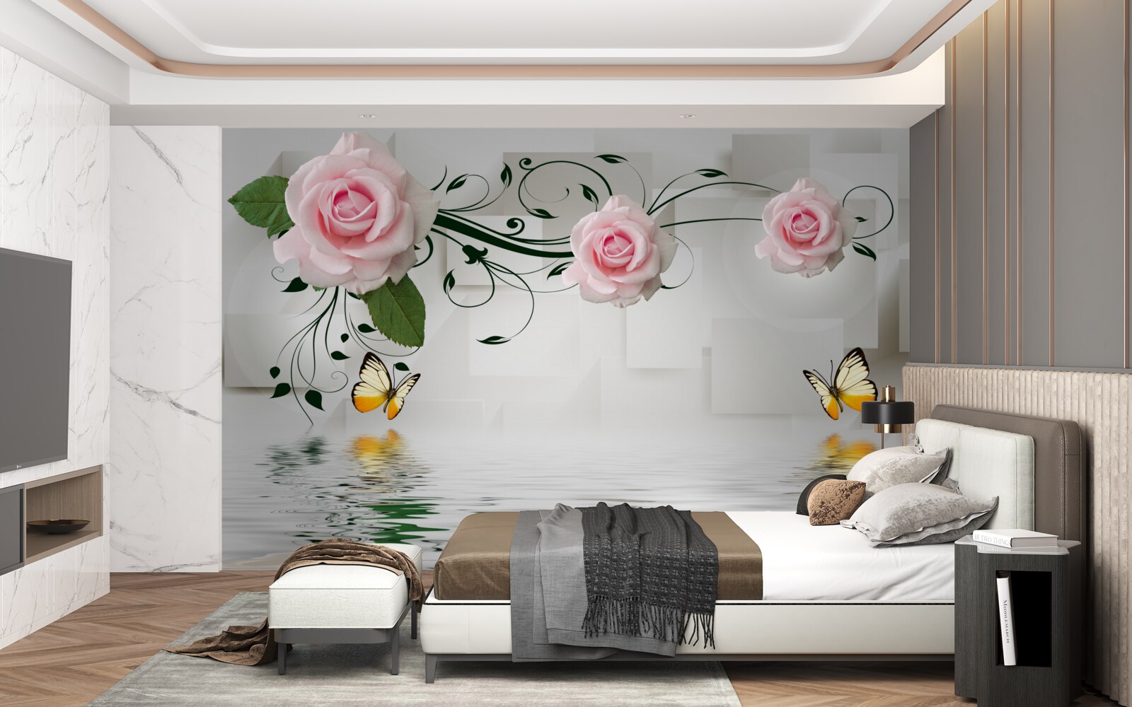 Fototapet fluturi deasupra apei lângă o ramură de trandafir cu o nuanță delicată de roz