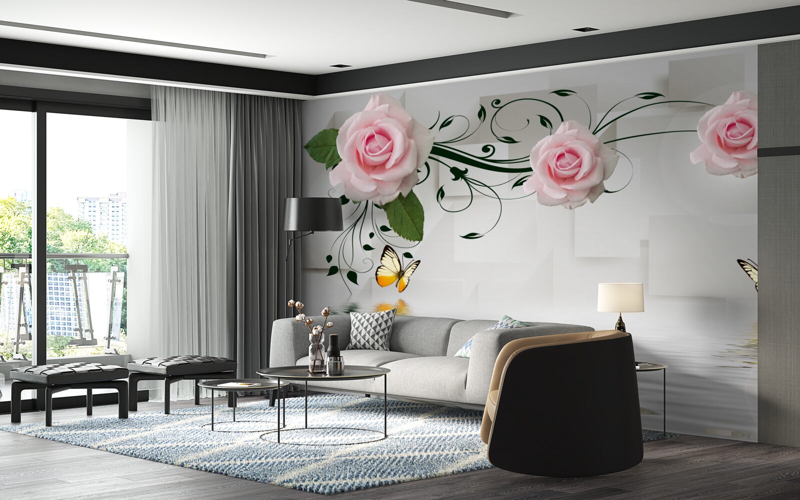 Fototapet fluturi deasupra apei lângă o ramură de trandafir cu o nuanță delicată de roz