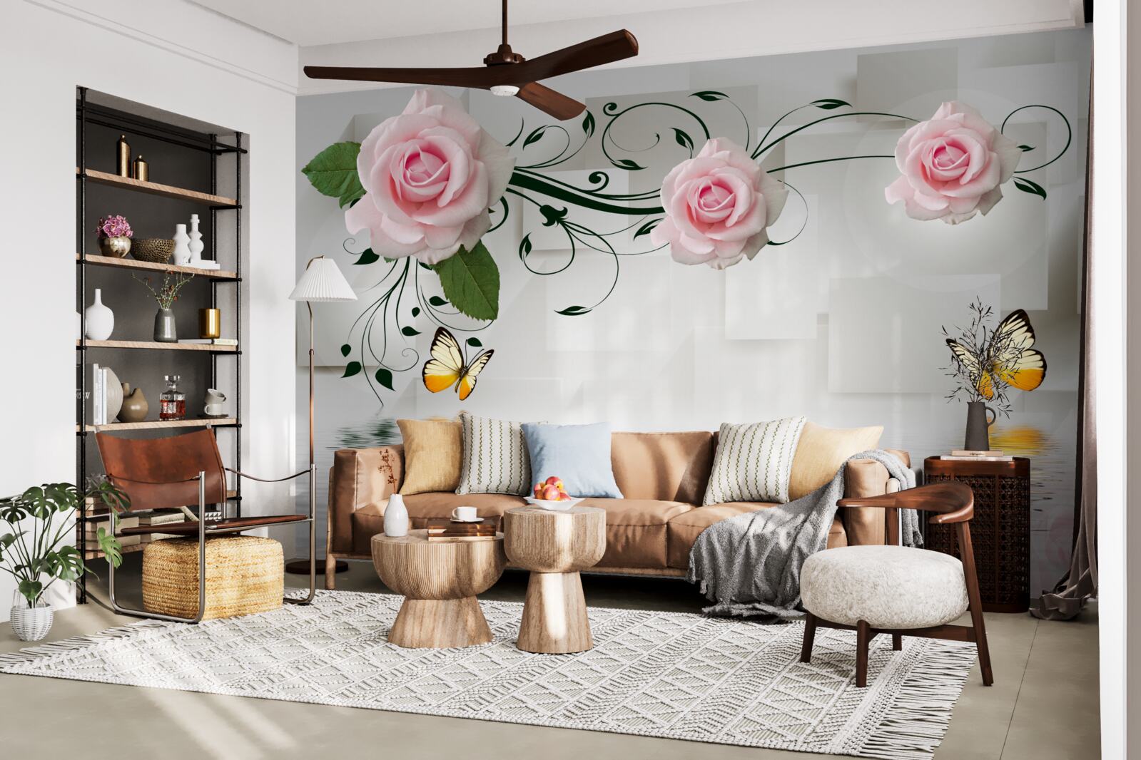 Fototapet fluturi deasupra apei lângă o ramură de trandafir cu o nuanță delicată de roz