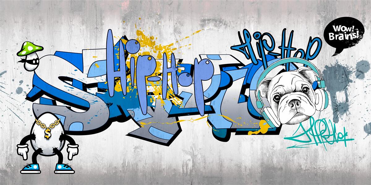 Fototapet graffiti pe un perete cu o imagine a unui câine care poartă căști