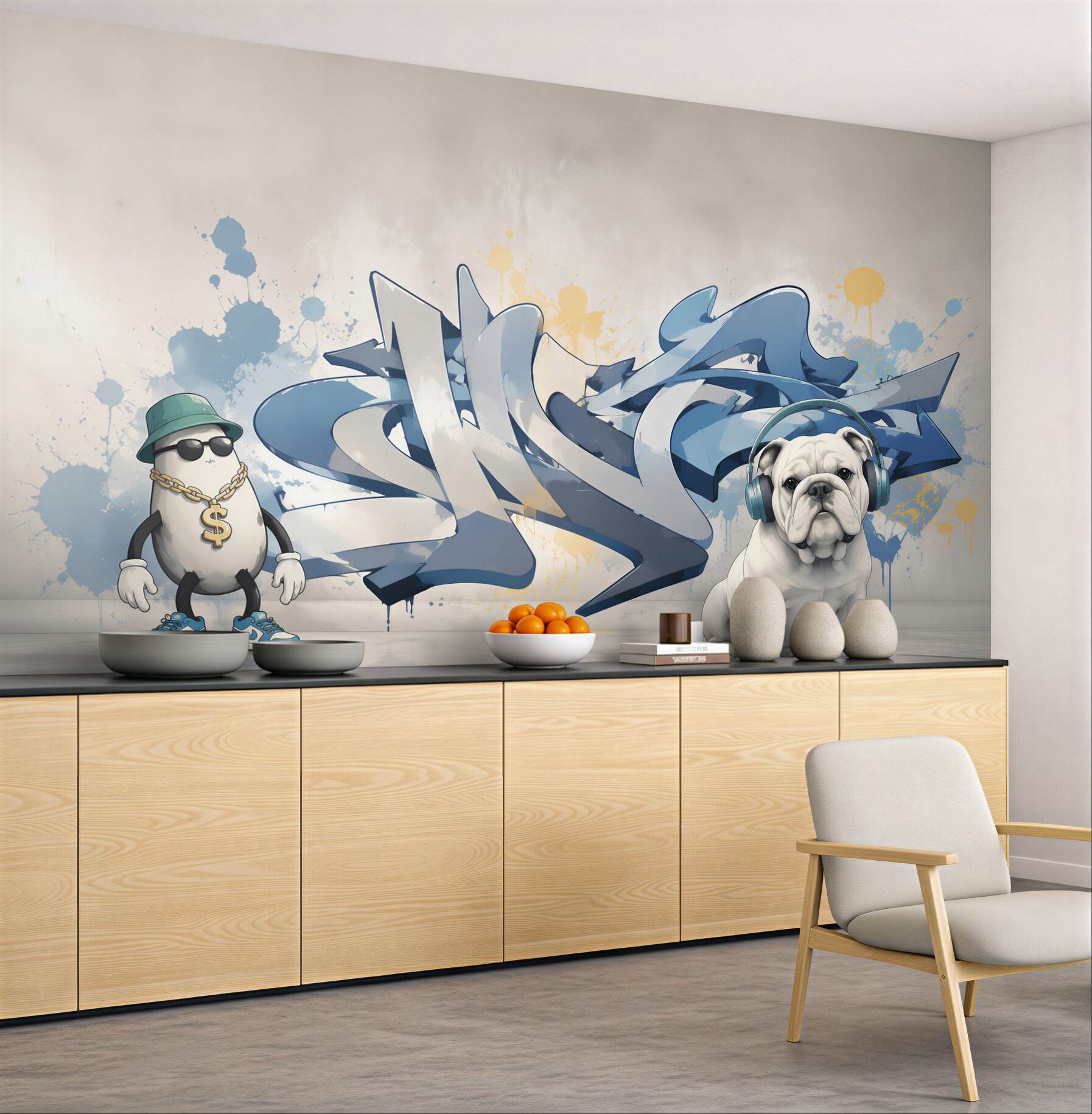 Fototapeta graffiti na ścianie ze zdjęciem psa w słuchawkach