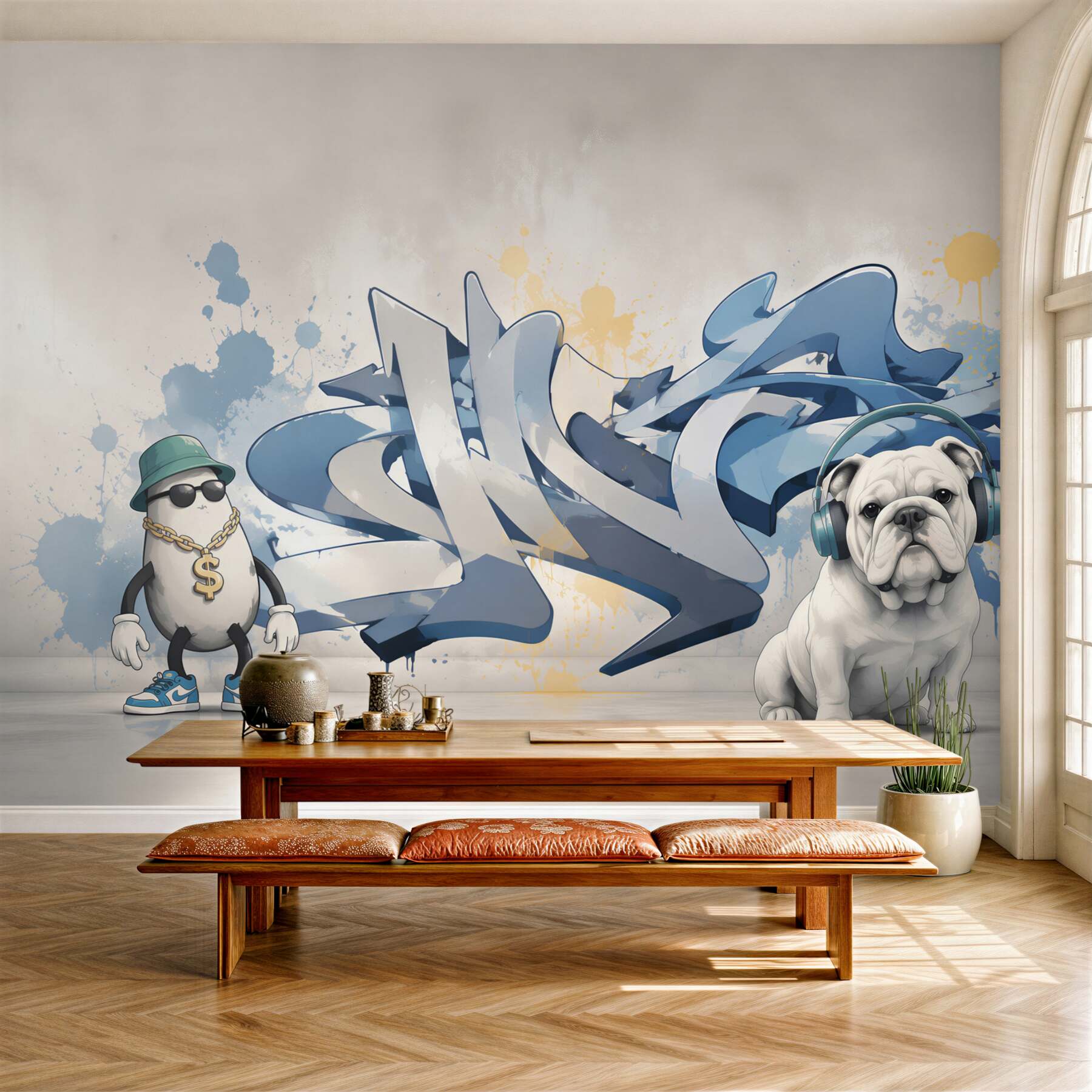 Fototapeta graffiti na ścianie ze zdjęciem psa w słuchawkach