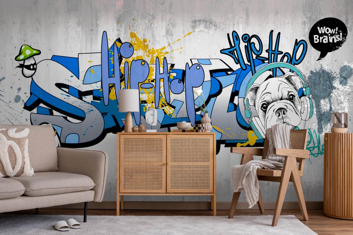 Fototapet graffiti pe un perete cu o imagine a unui câine care poartă căști