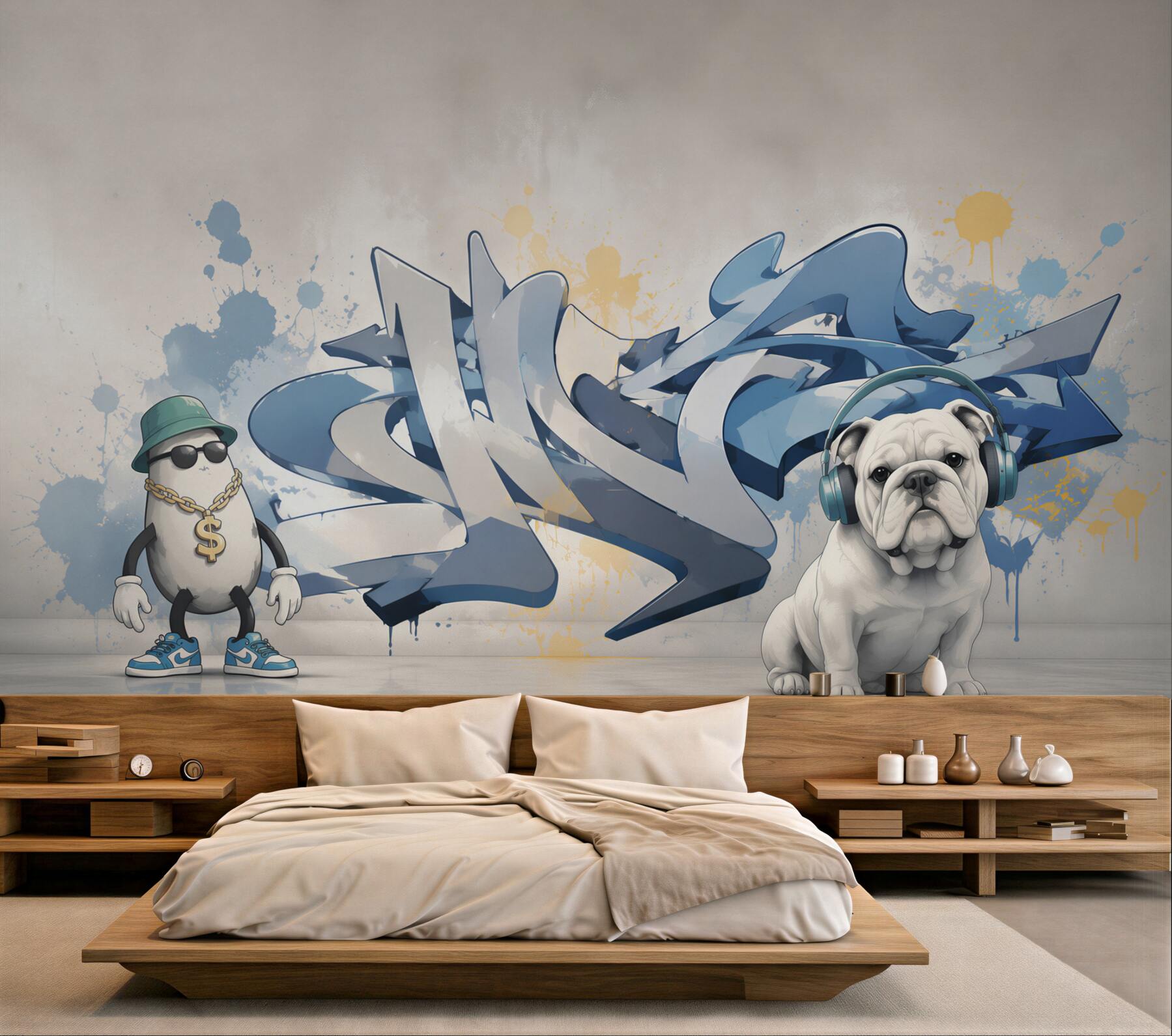 Fototapeta graffiti na ścianie ze zdjęciem psa w słuchawkach