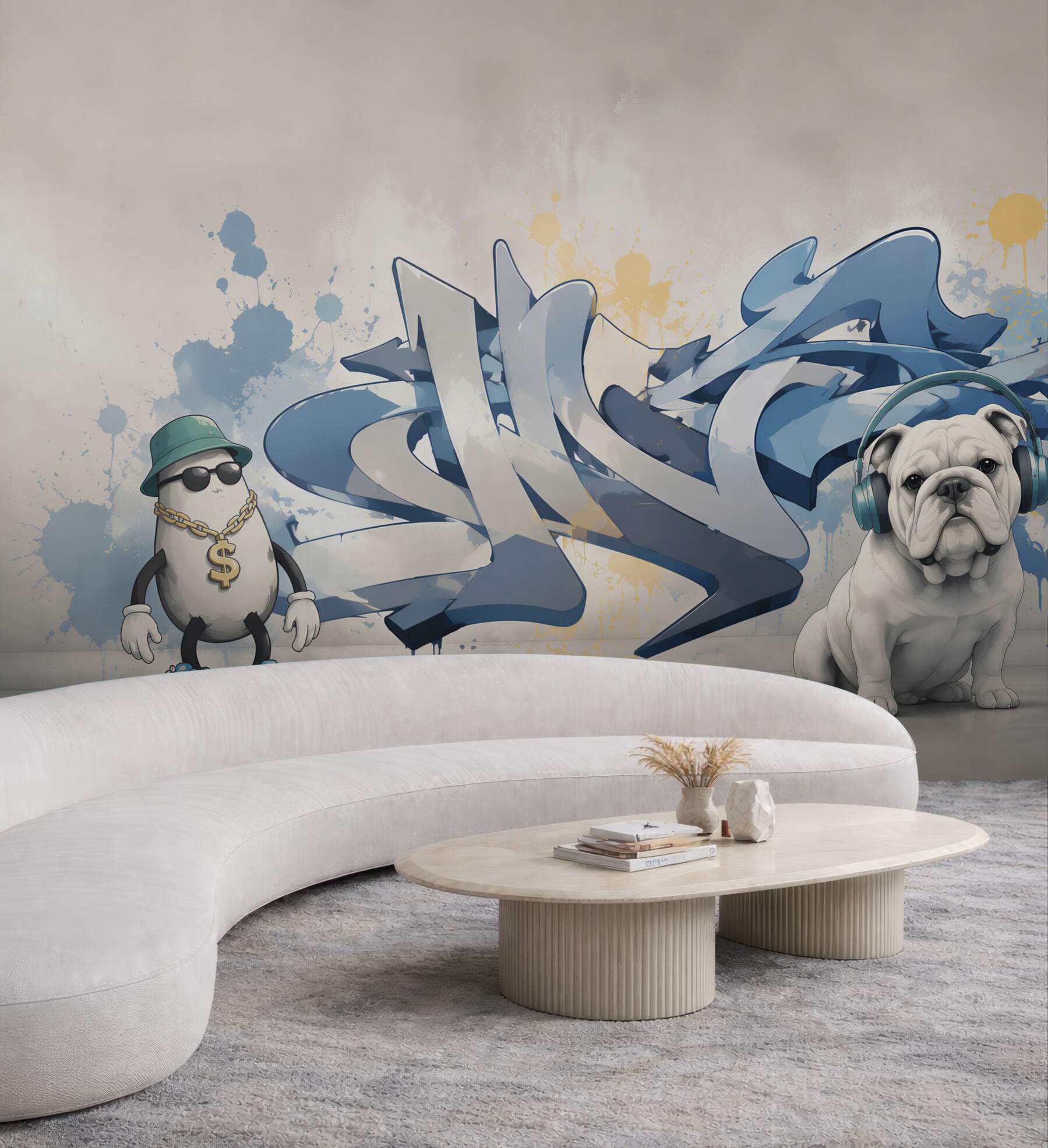 Fototapeta graffiti na ścianie ze zdjęciem psa w słuchawkach