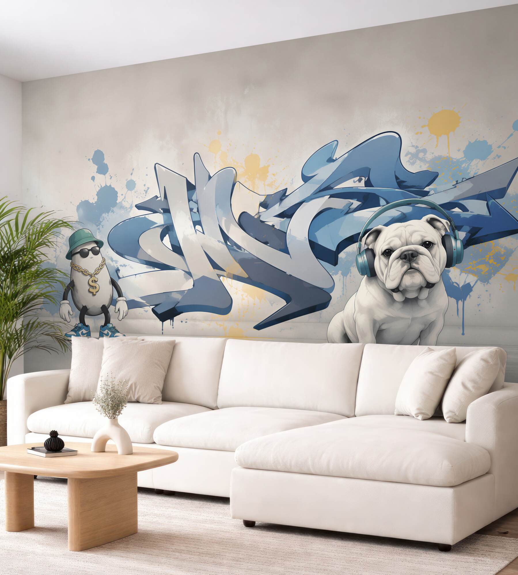 Fototapeta graffiti na ścianie ze zdjęciem psa w słuchawkach