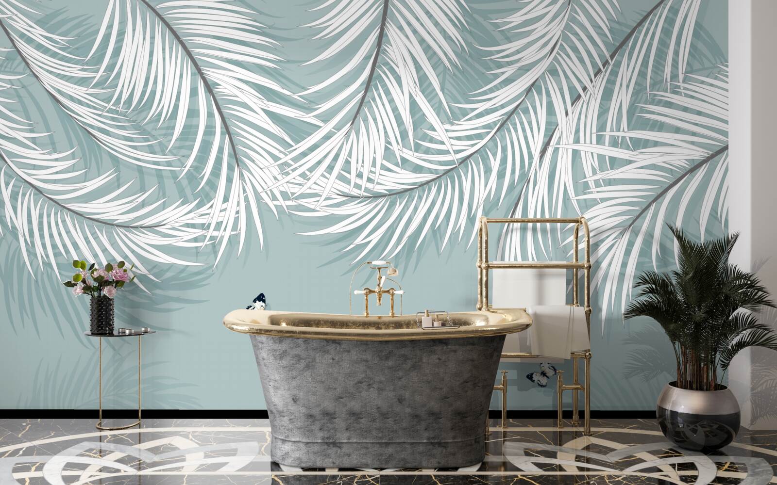 Fototapet fluturii se ascund sub frunzele de palmier