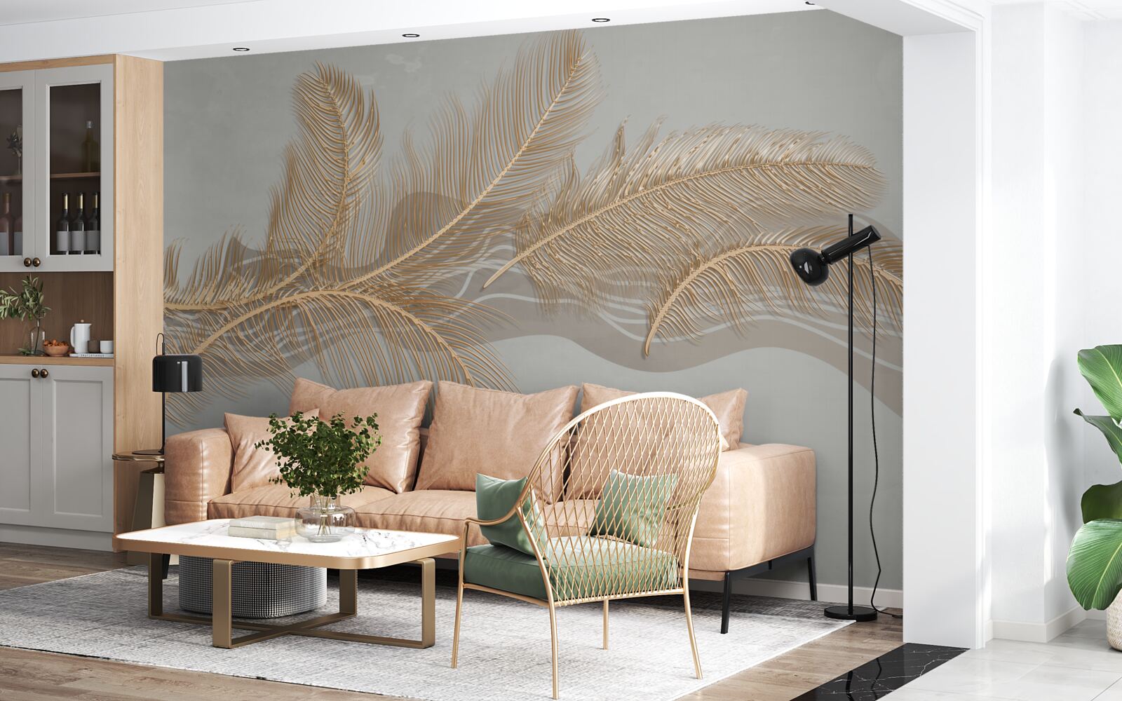 Fototapet frunzele aurii ale palmierilor tropicali