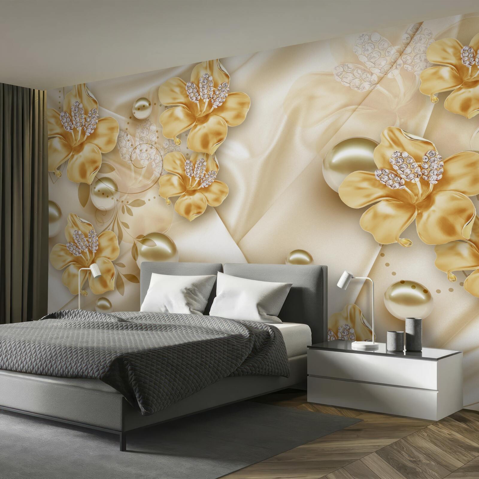 Fototapet țesătura de mătase este decorată cu flori de aur și perle