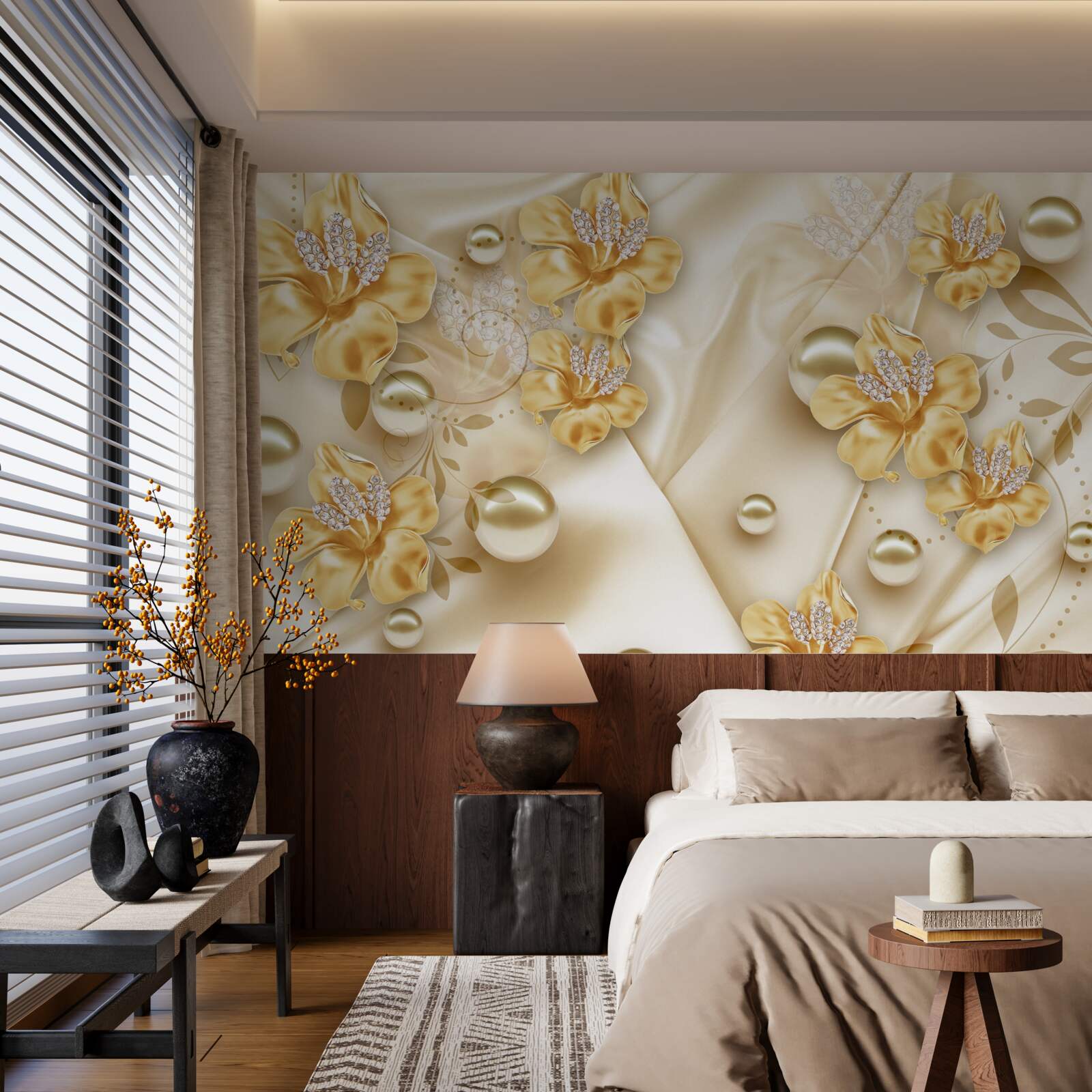 Fototapet țesătura de mătase este decorată cu flori de aur și perle