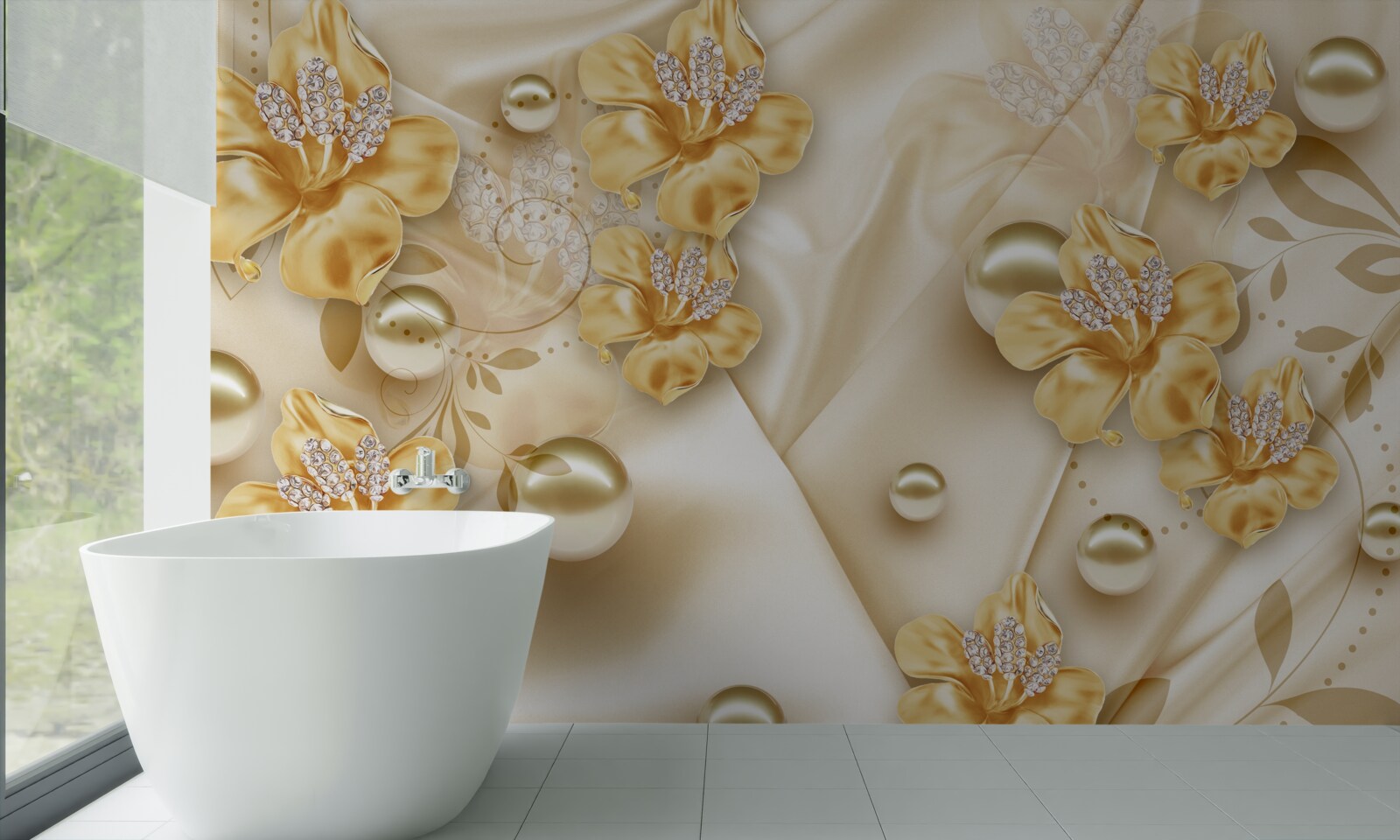 Fototapet țesătura de mătase este decorată cu flori de aur și perle