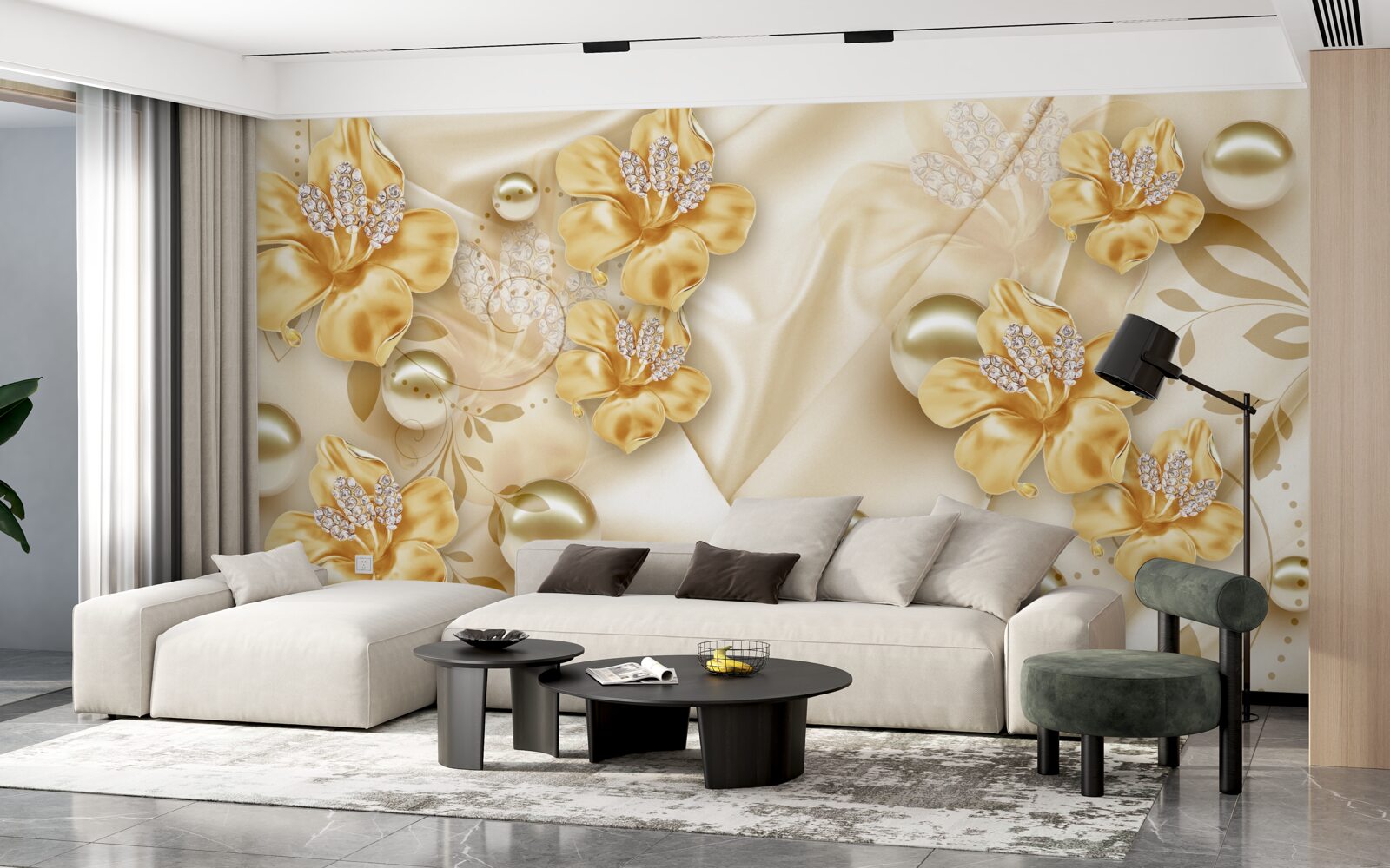 Fototapet țesătura de mătase este decorată cu flori de aur și perle