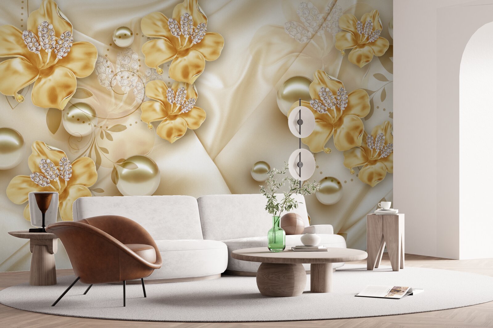 Fototapet țesătura de mătase este decorată cu flori de aur și perle