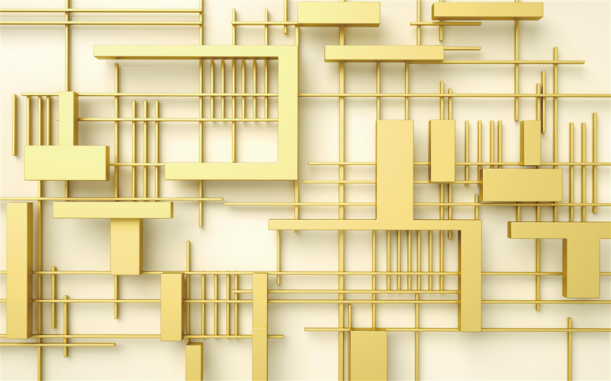 Fototapet forme geometrice din aur, plasate pe o grilă din aur