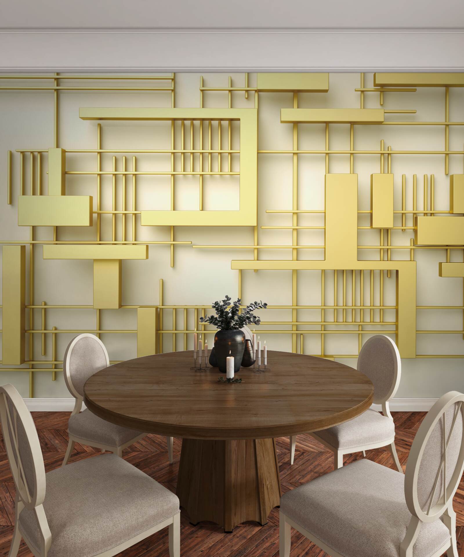 Fototapet forme geometrice din aur, plasate pe o grilă din aur