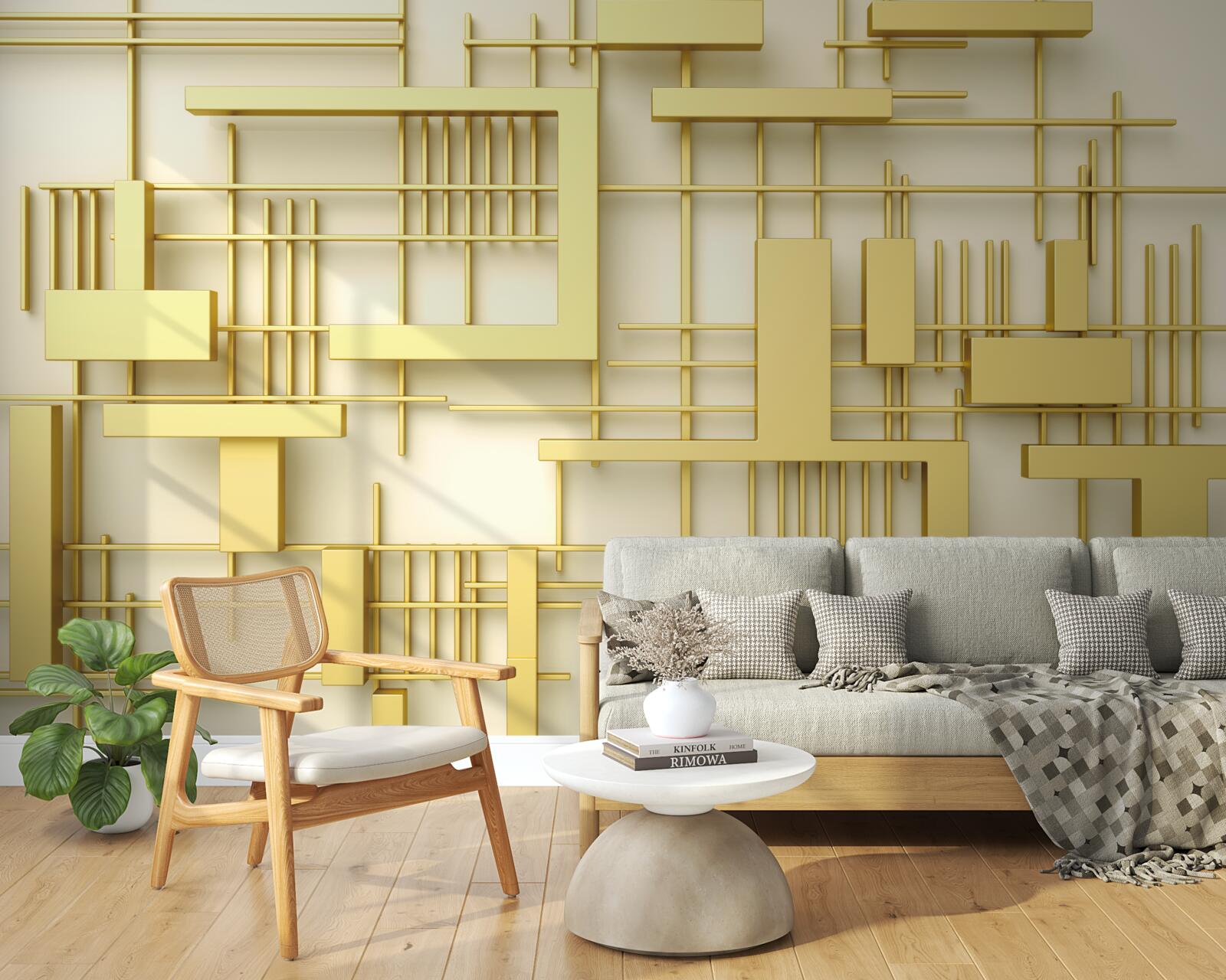 Fototapet forme geometrice din aur, plasate pe o grilă din aur