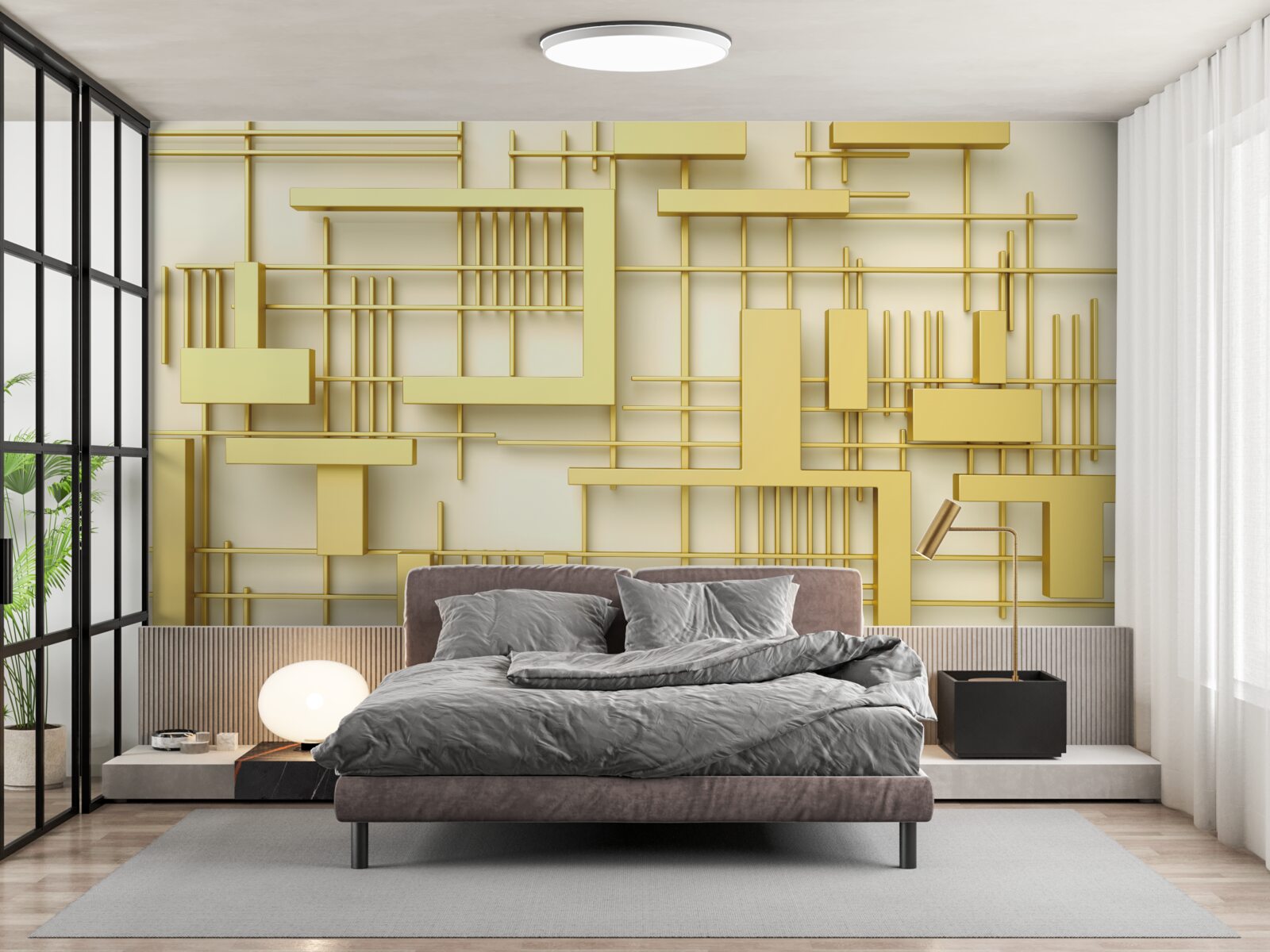 Fototapet forme geometrice din aur, plasate pe o grilă din aur