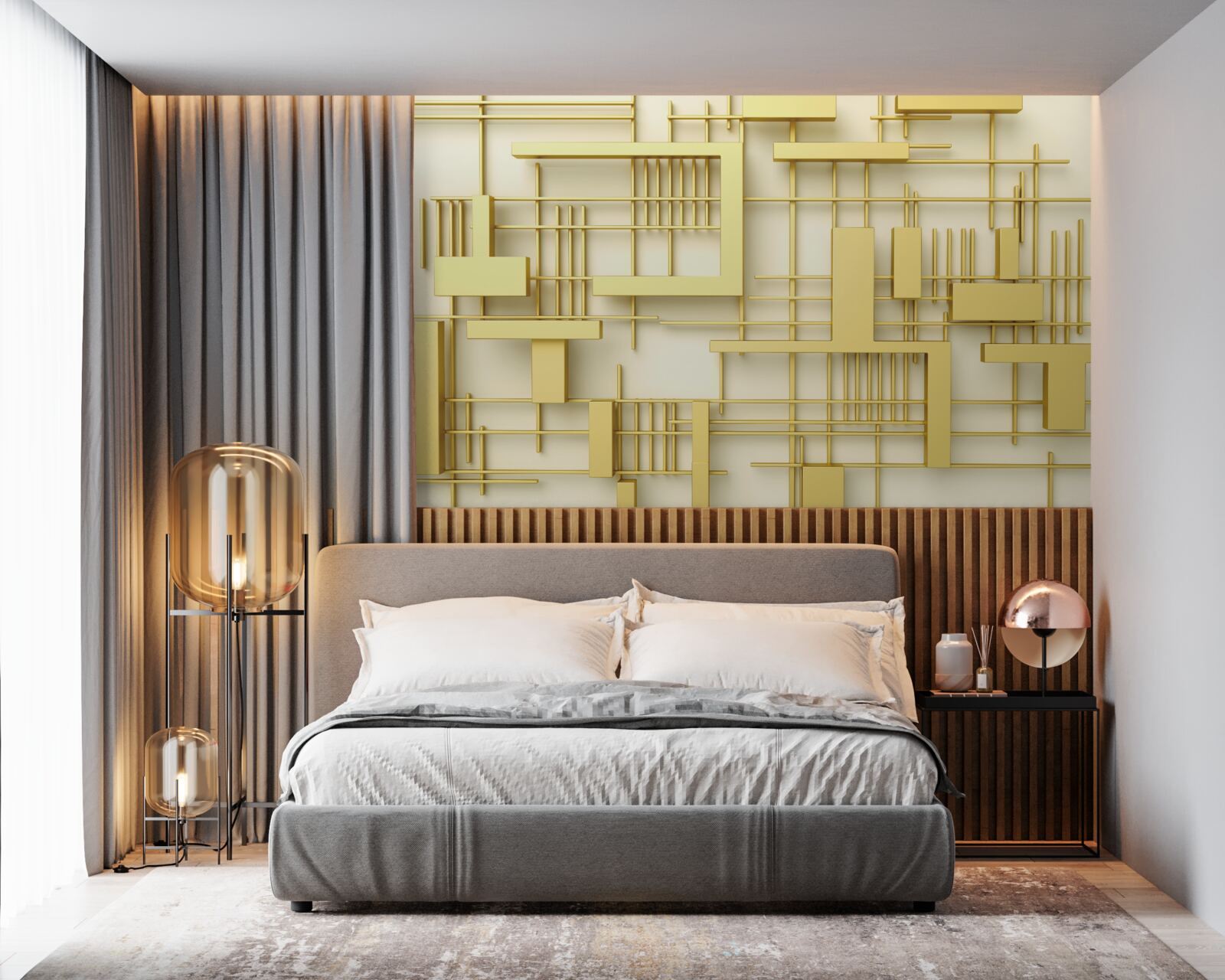 Fototapet forme geometrice din aur, plasate pe o grilă din aur