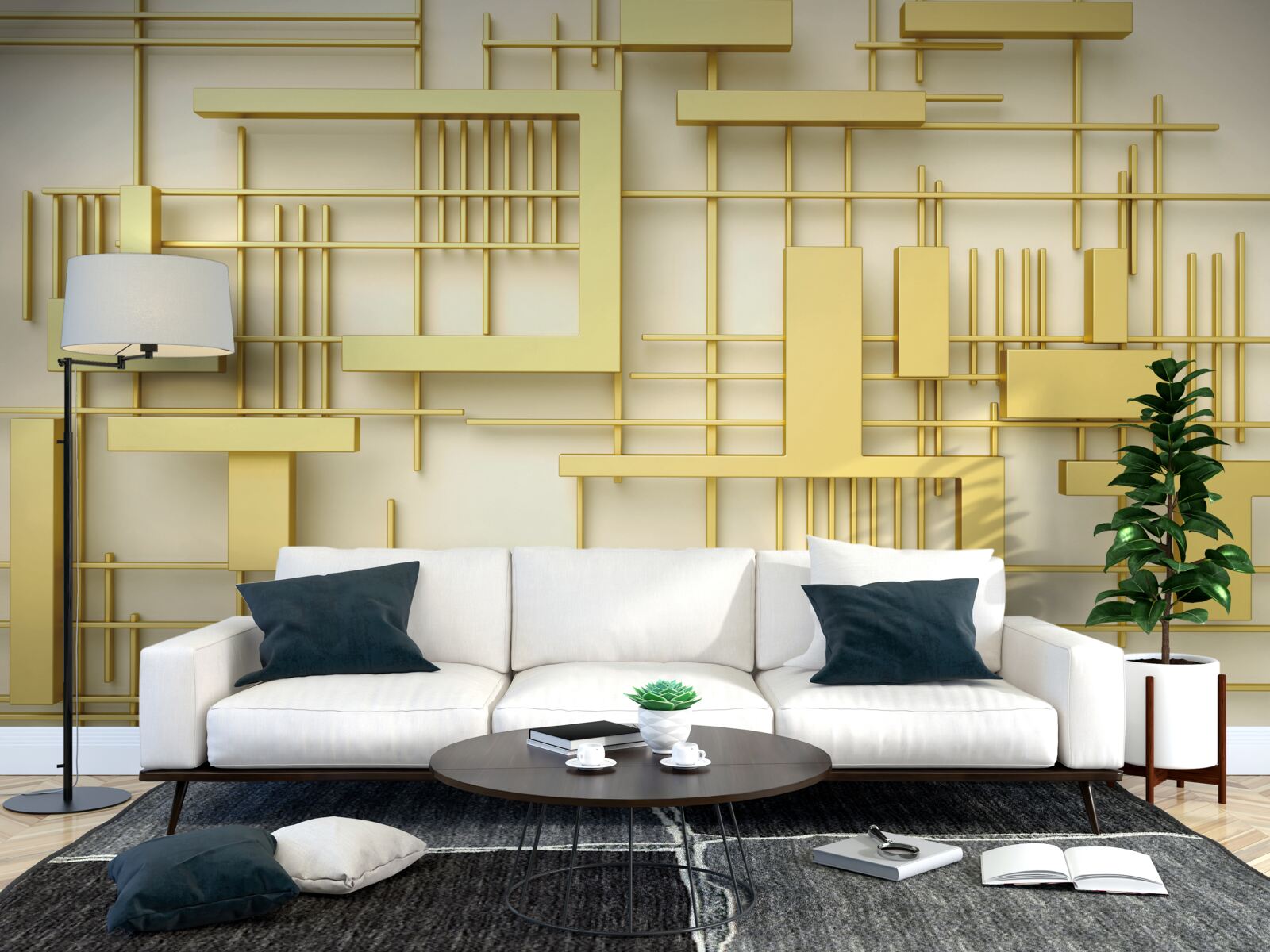 Fototapet forme geometrice din aur, plasate pe o grilă din aur