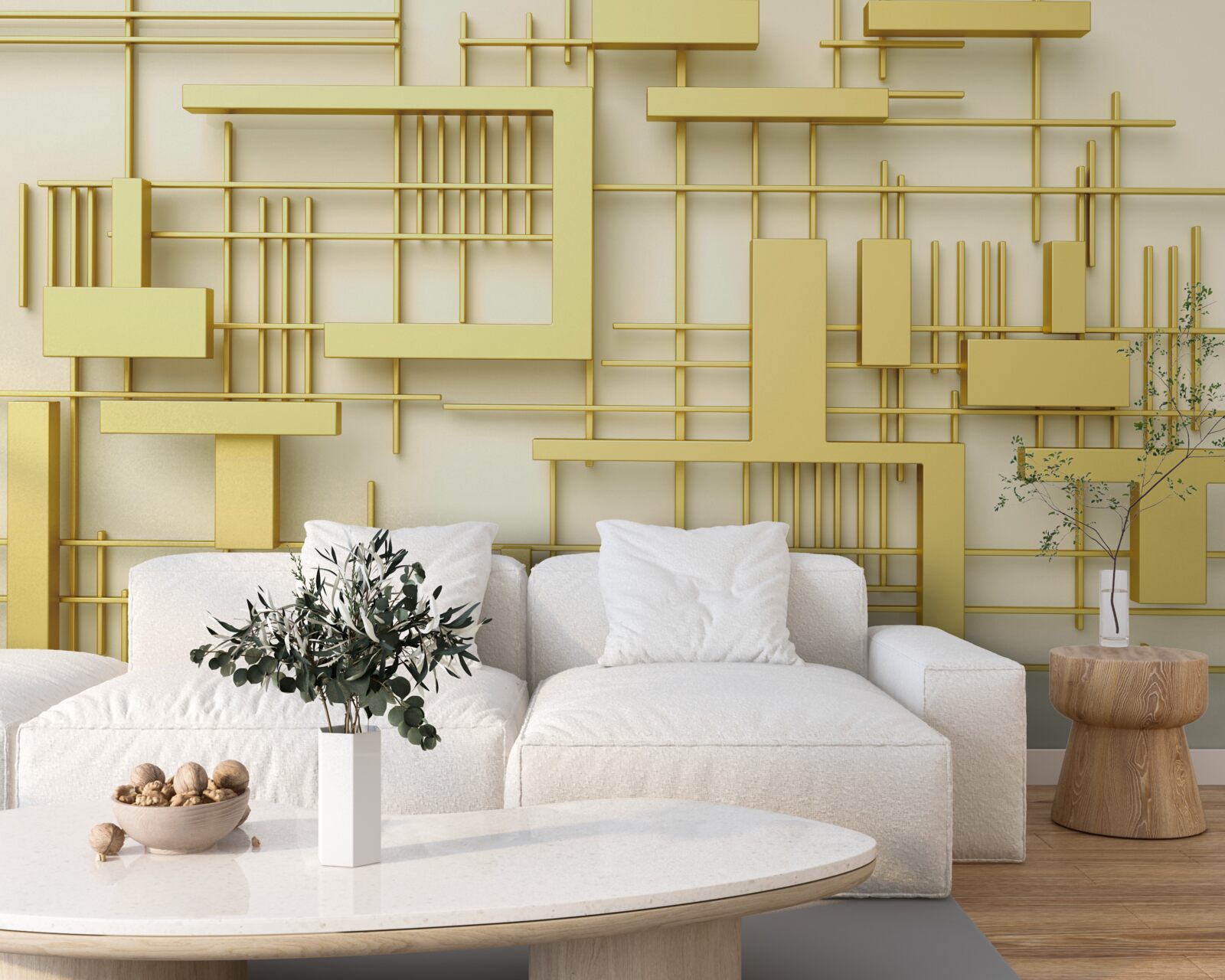 Fototapet forme geometrice din aur, plasate pe o grilă din aur