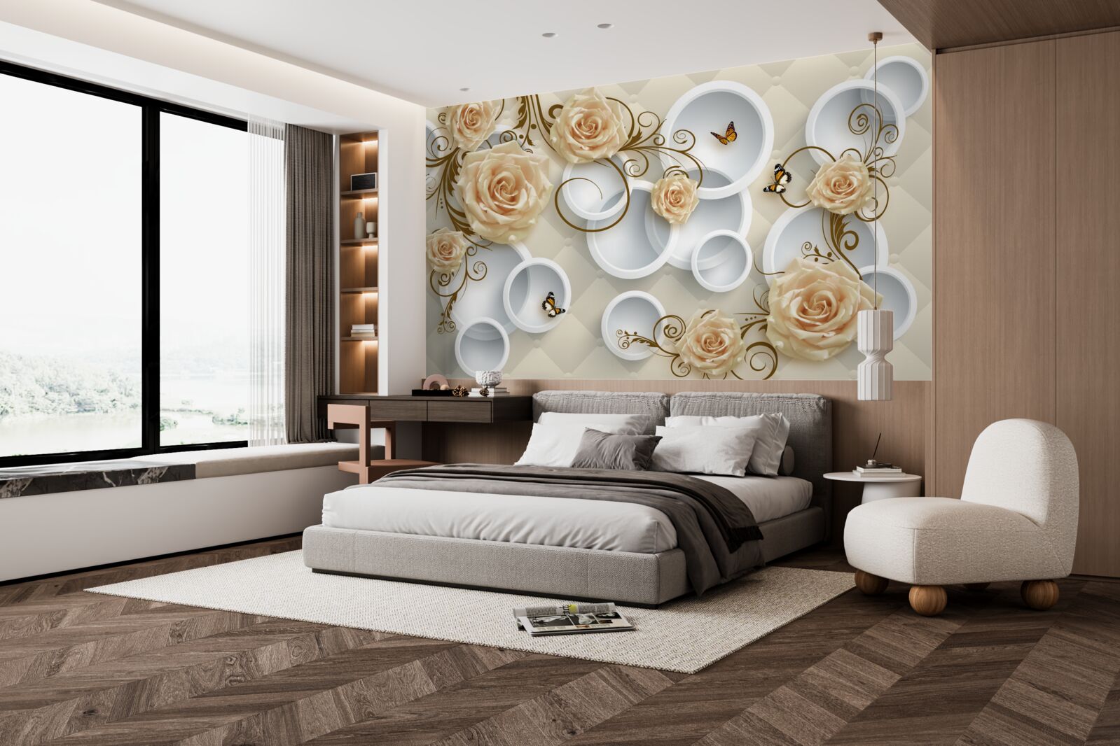 Fototapet ramuri cu trandafiri maro pe un fundal abstract