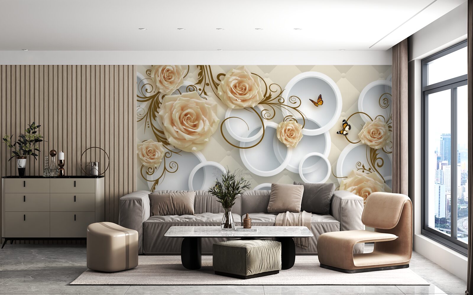 Fototapet ramuri cu trandafiri maro pe un fundal abstract