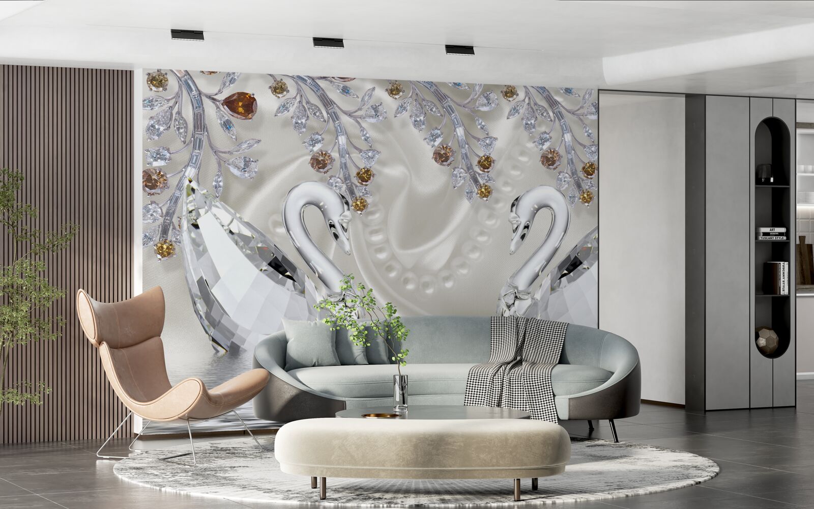 Fototapet lebede albe ca zăpada înoată pe iaz, iar ramurile florilor au o nuanță aurie