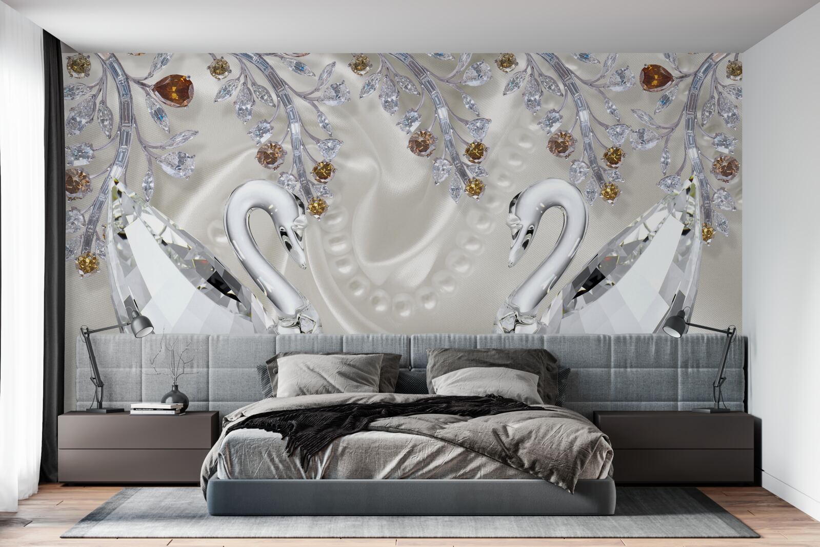 Fototapet lebede albe ca zăpada înoată pe iaz, iar ramurile florilor au o nuanță aurie