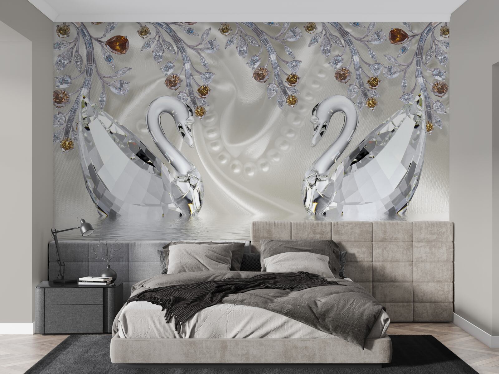 Fototapet lebede albe ca zăpada înoată pe iaz, iar ramurile florilor au o nuanță aurie