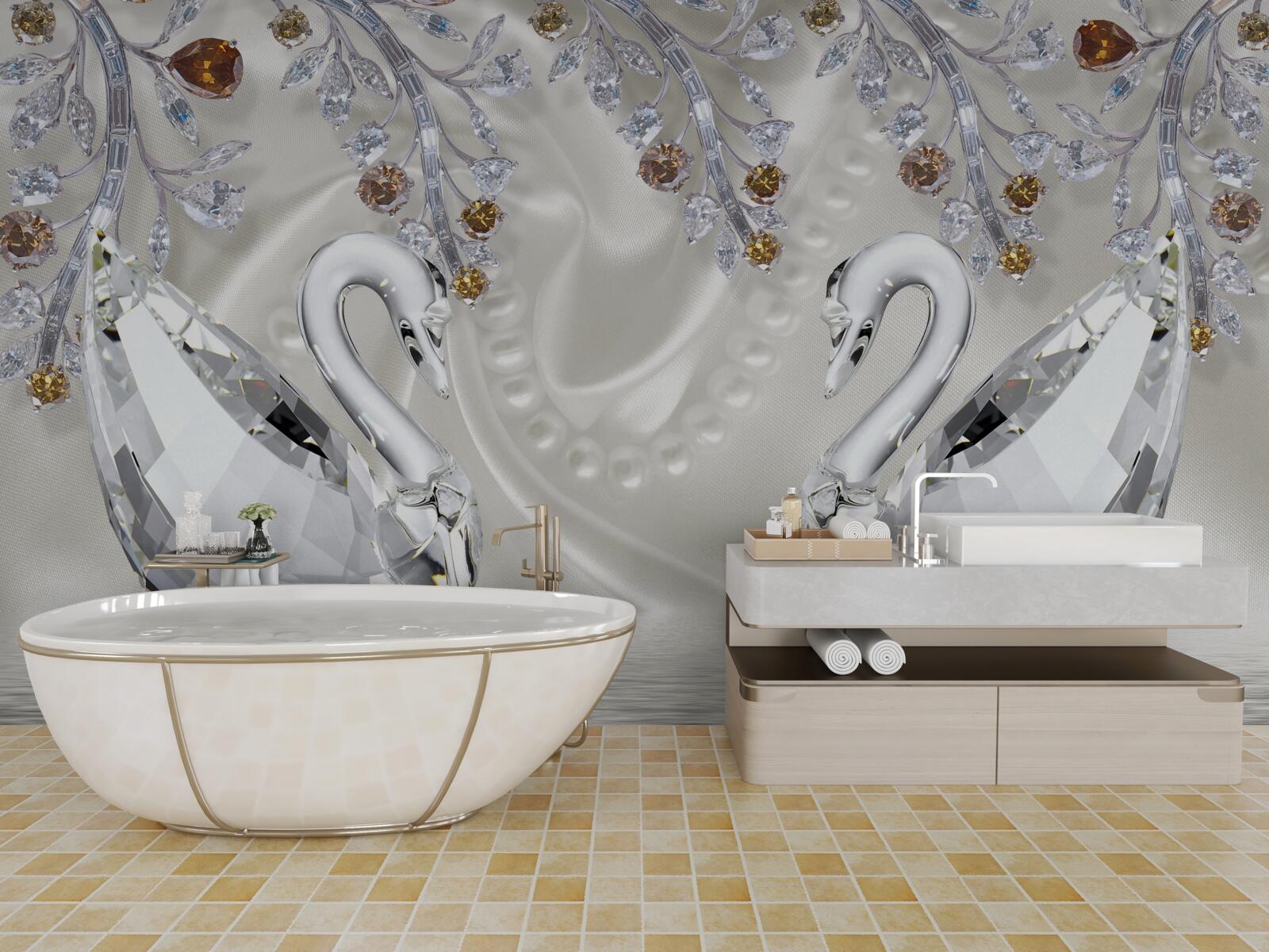 Fototapet lebede albe ca zăpada înoată pe iaz, iar ramurile florilor au o nuanță aurie