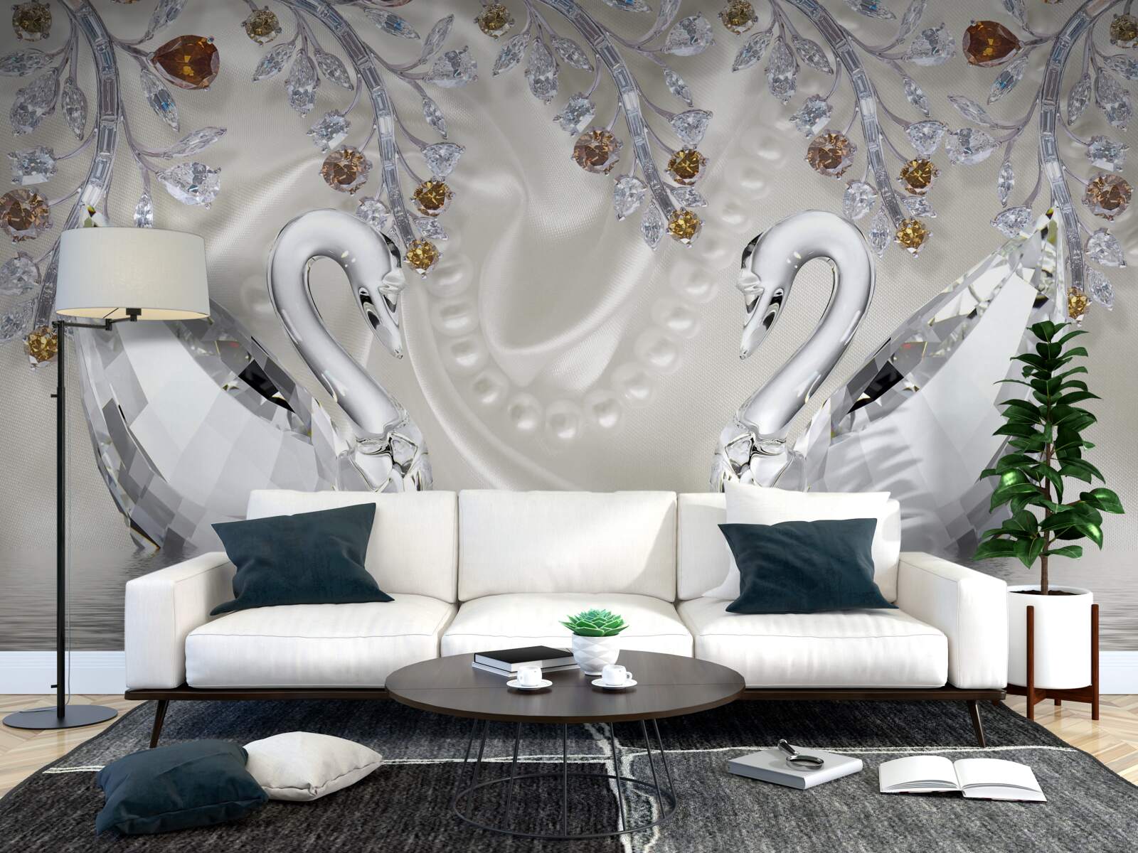 Fototapet lebede albe ca zăpada înoată pe iaz, iar ramurile florilor au o nuanță aurie