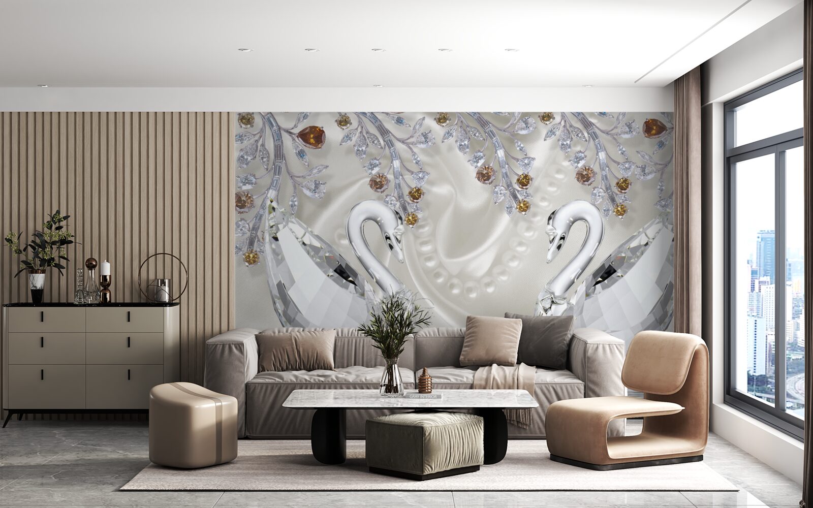 Fototapet lebede albe ca zăpada înoată pe iaz, iar ramurile florilor au o nuanță aurie