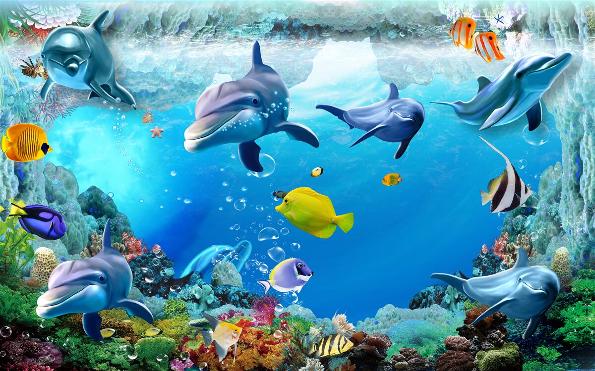 Fototapet lume subacvatică cu delfini și pești
