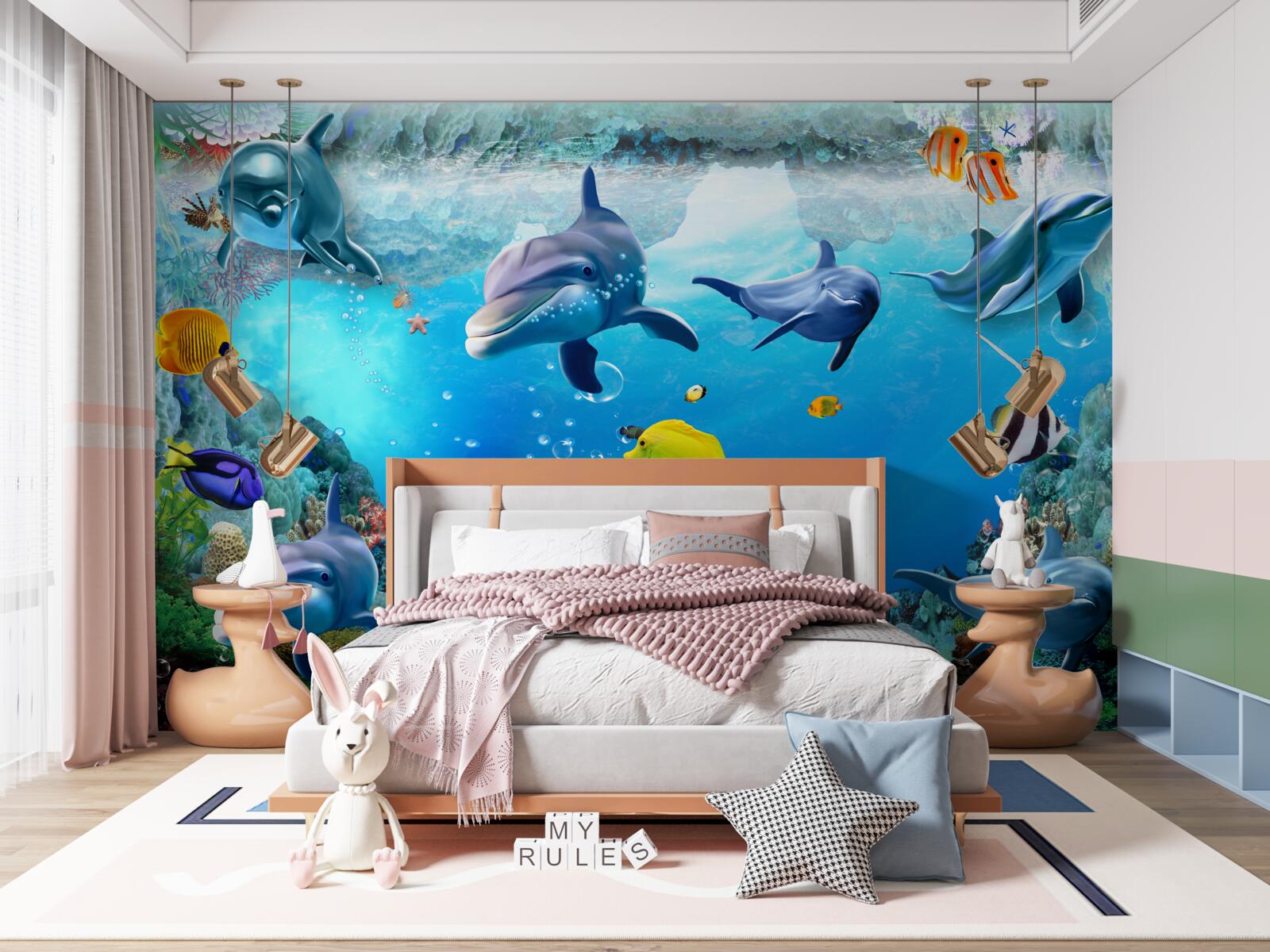 Fototapet lume subacvatică cu delfini și pești