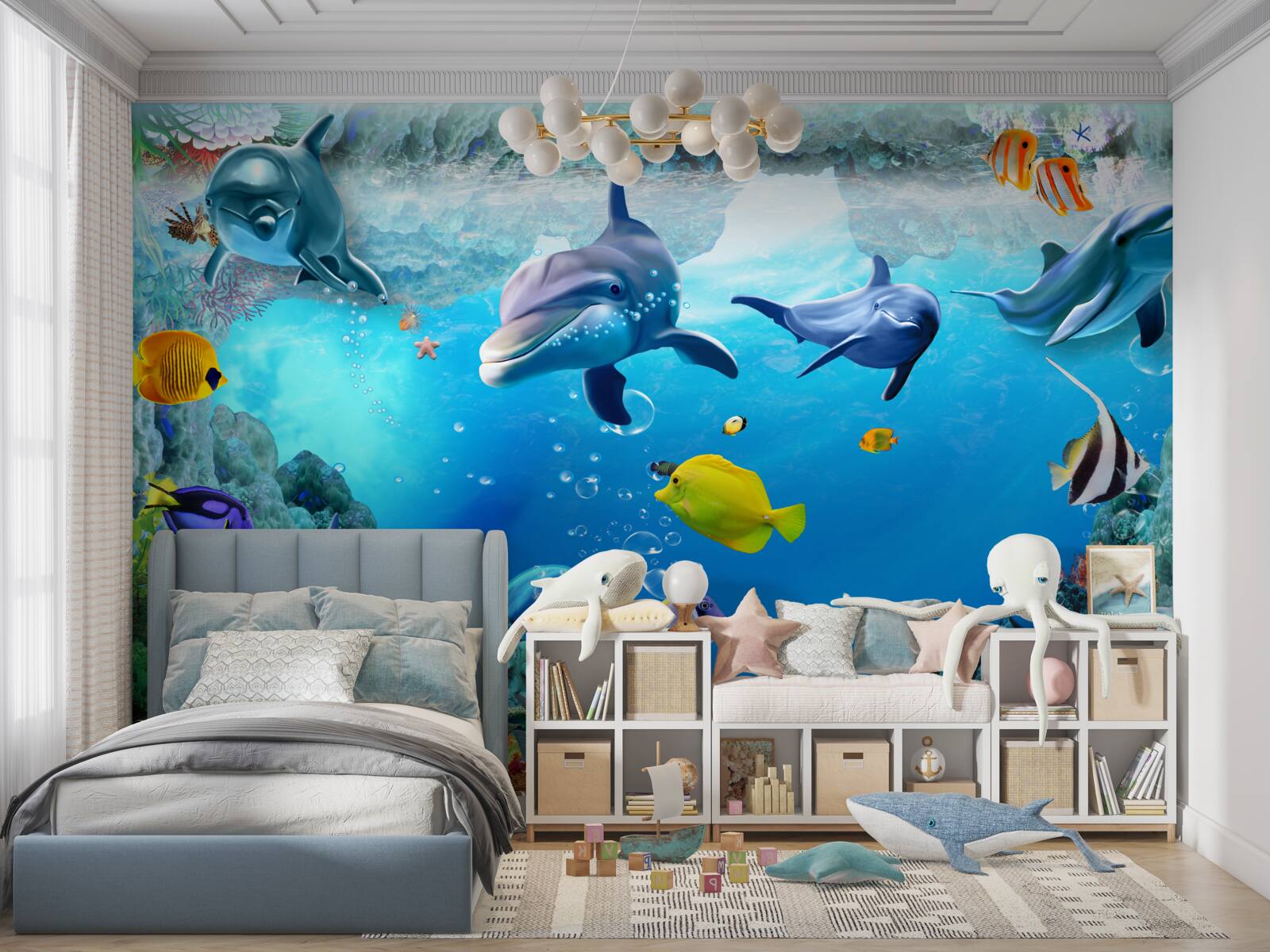Fototapet lume subacvatică cu delfini și pești