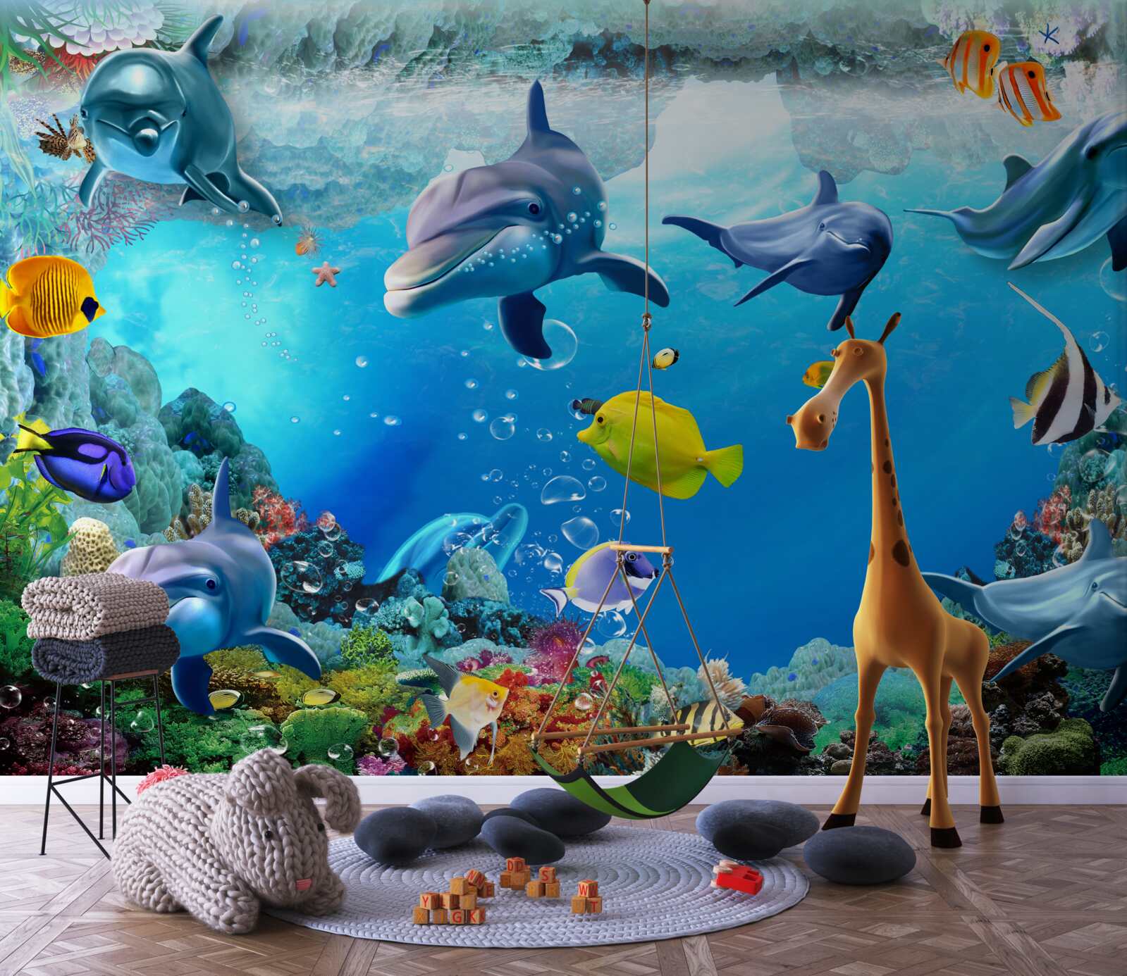 Fototapet lume subacvatică cu delfini și pești