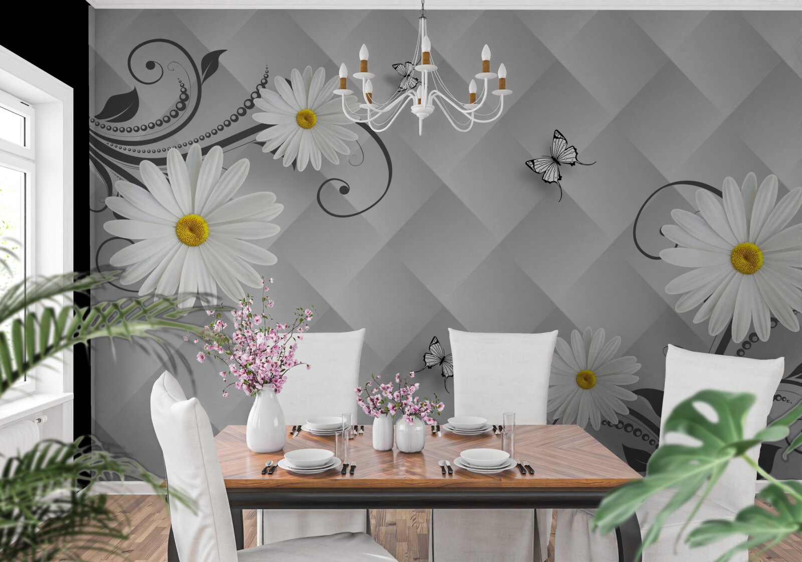 Fototapet fundal abstract decorat cu margarete albe și fluturi