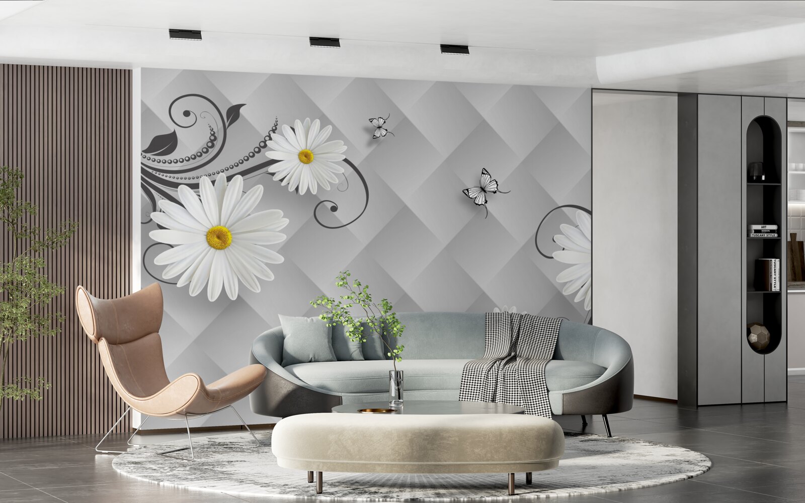 Fototapet fundal abstract decorat cu margarete albe și fluturi