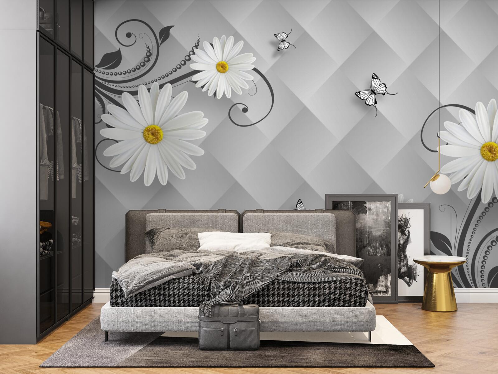 Fototapet fundal abstract decorat cu margarete albe și fluturi