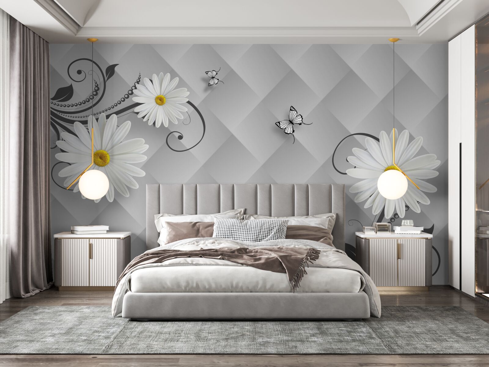 Fototapet fundal abstract decorat cu margarete albe și fluturi