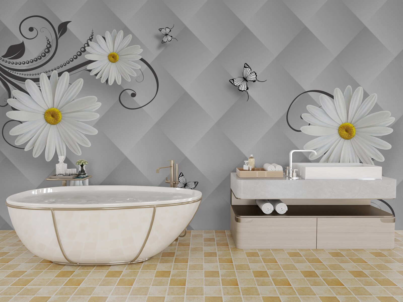 Fototapet fundal abstract decorat cu margarete albe și fluturi