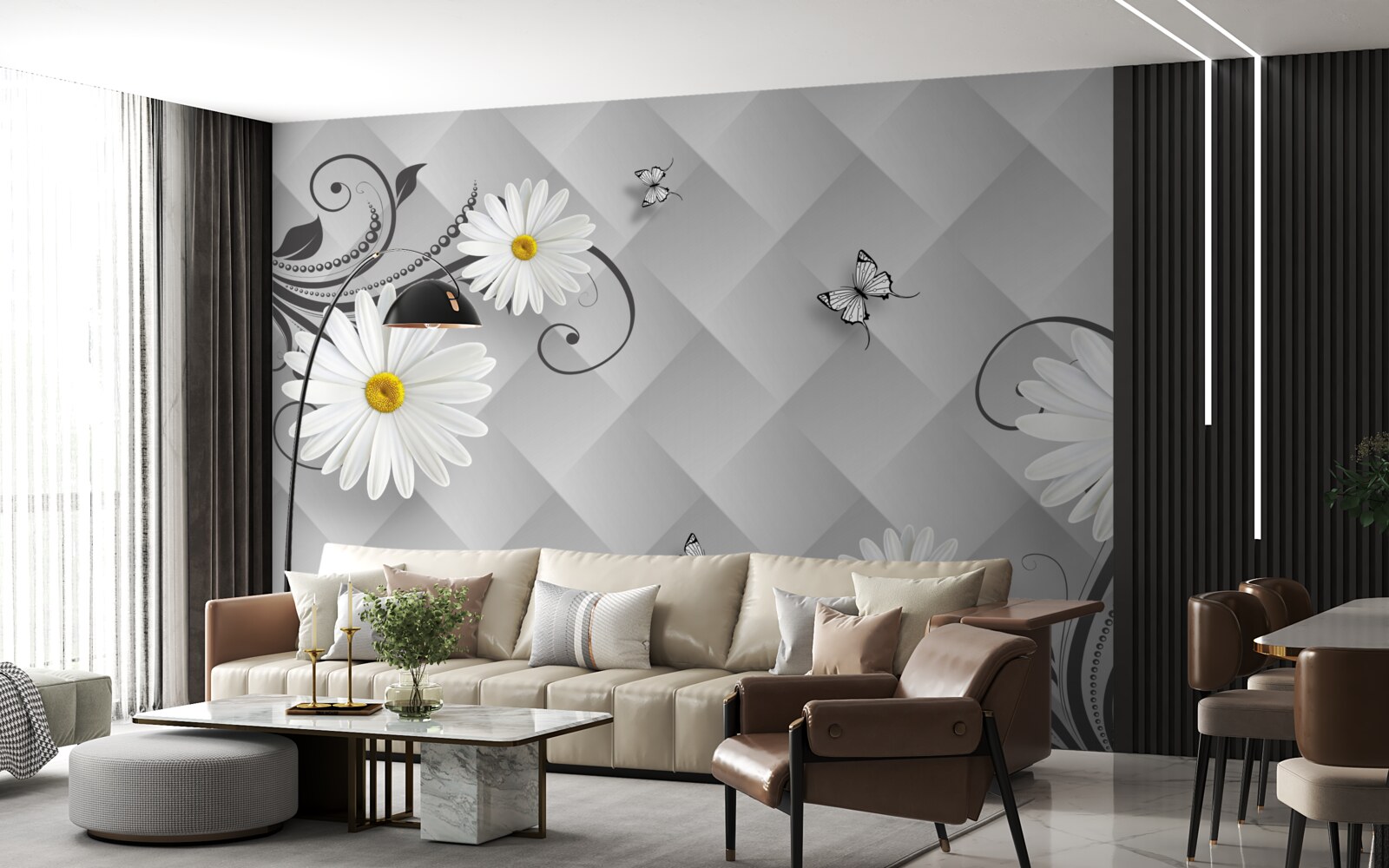 Fototapet fundal abstract decorat cu margarete albe și fluturi