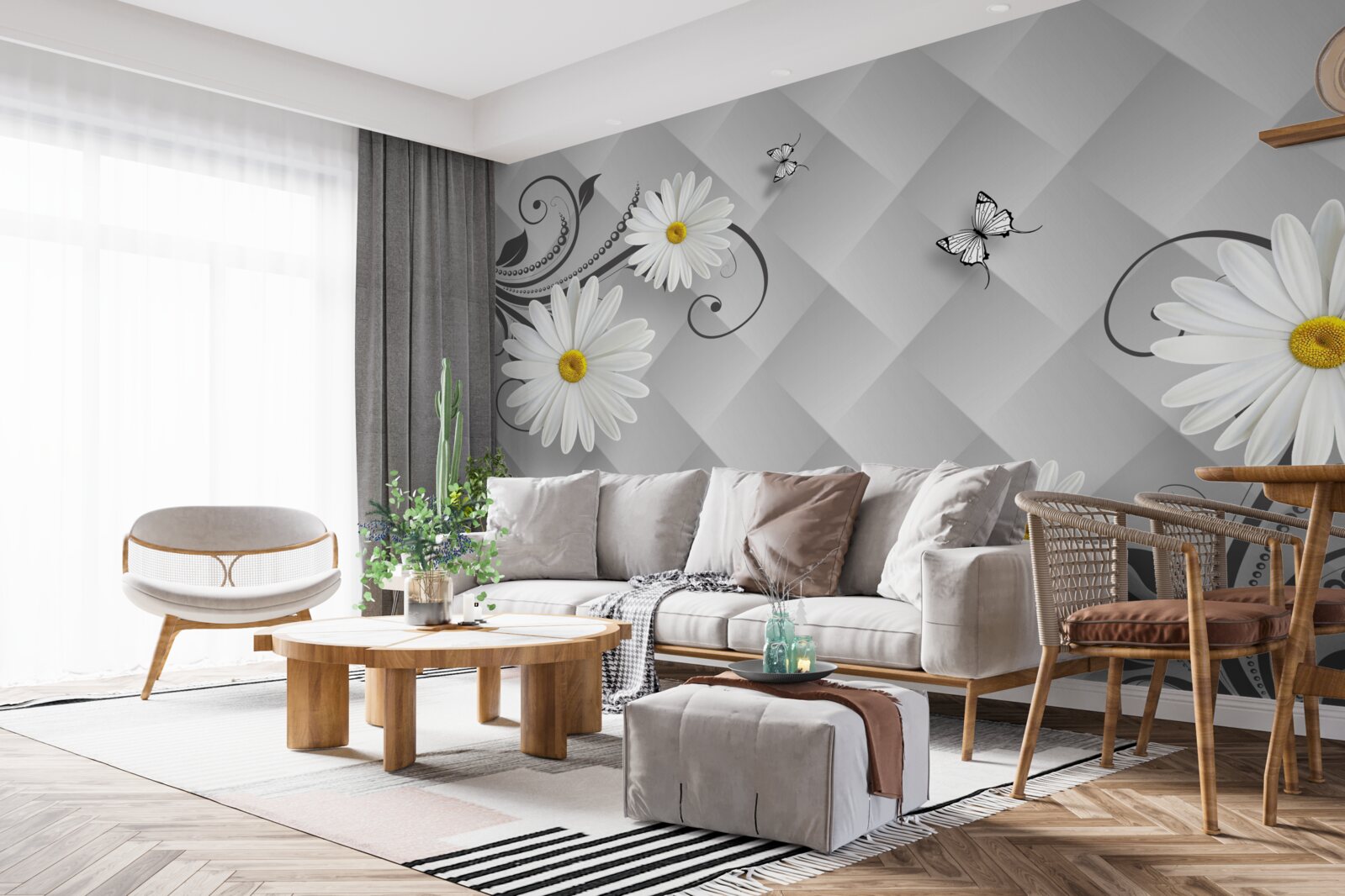 Fototapet fundal abstract decorat cu margarete albe și fluturi