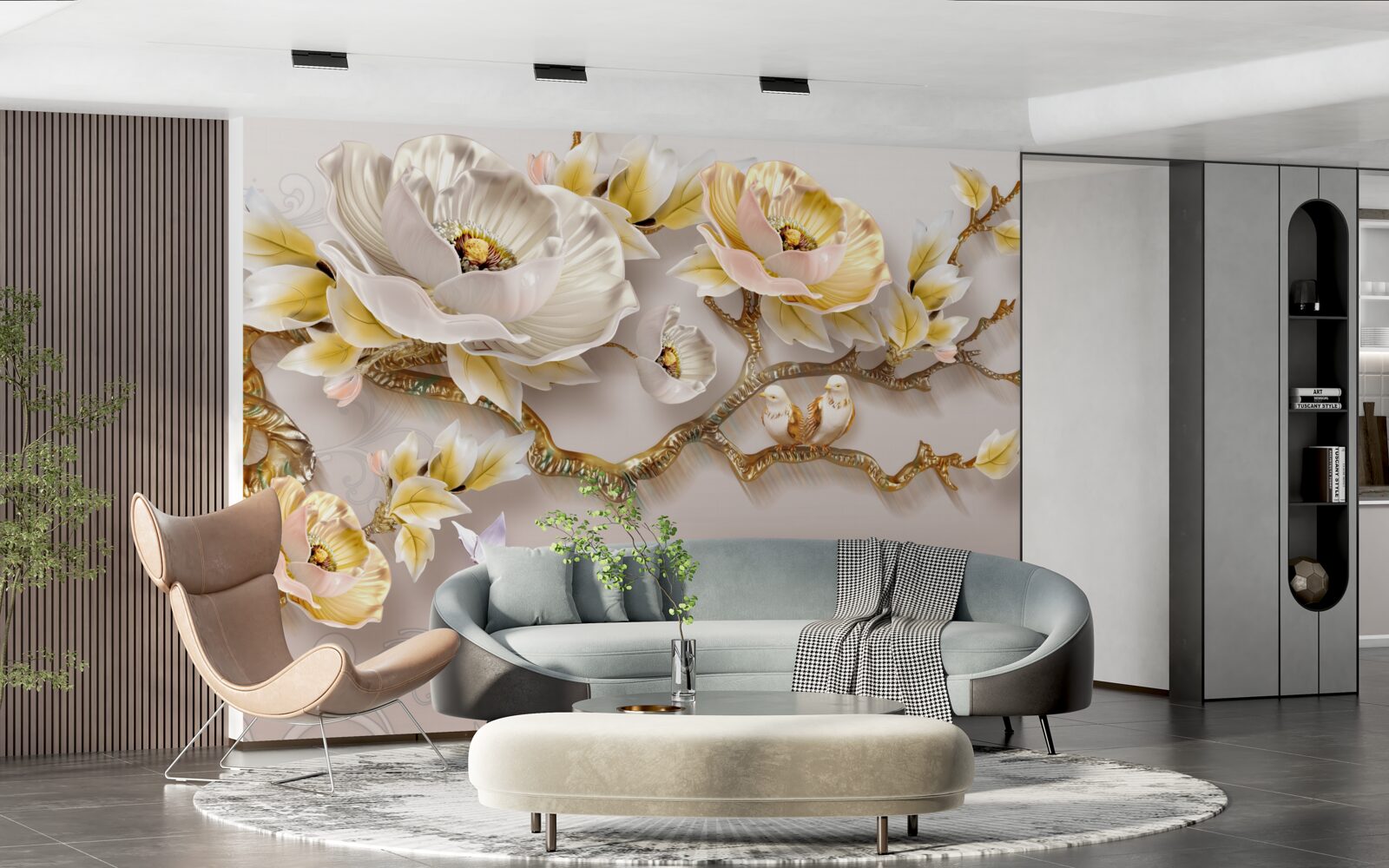 Fototapet bijuterii și aur în formă de ramuri de magnolie