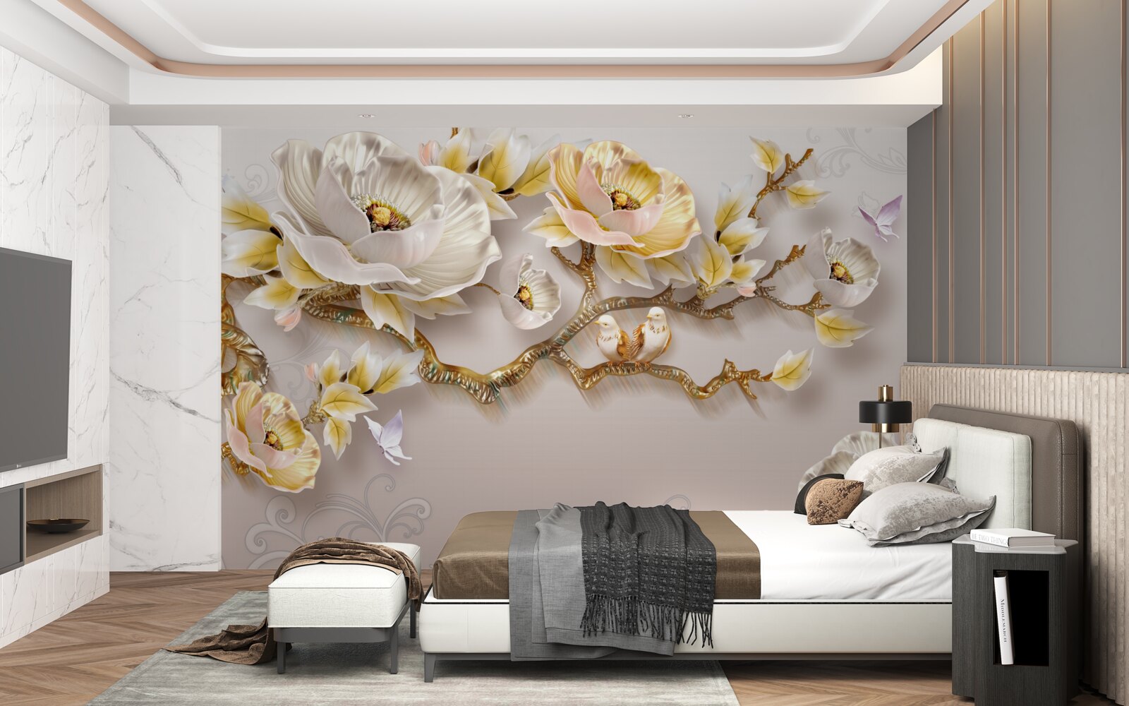 Fototapet bijuterii și aur în formă de ramuri de magnolie