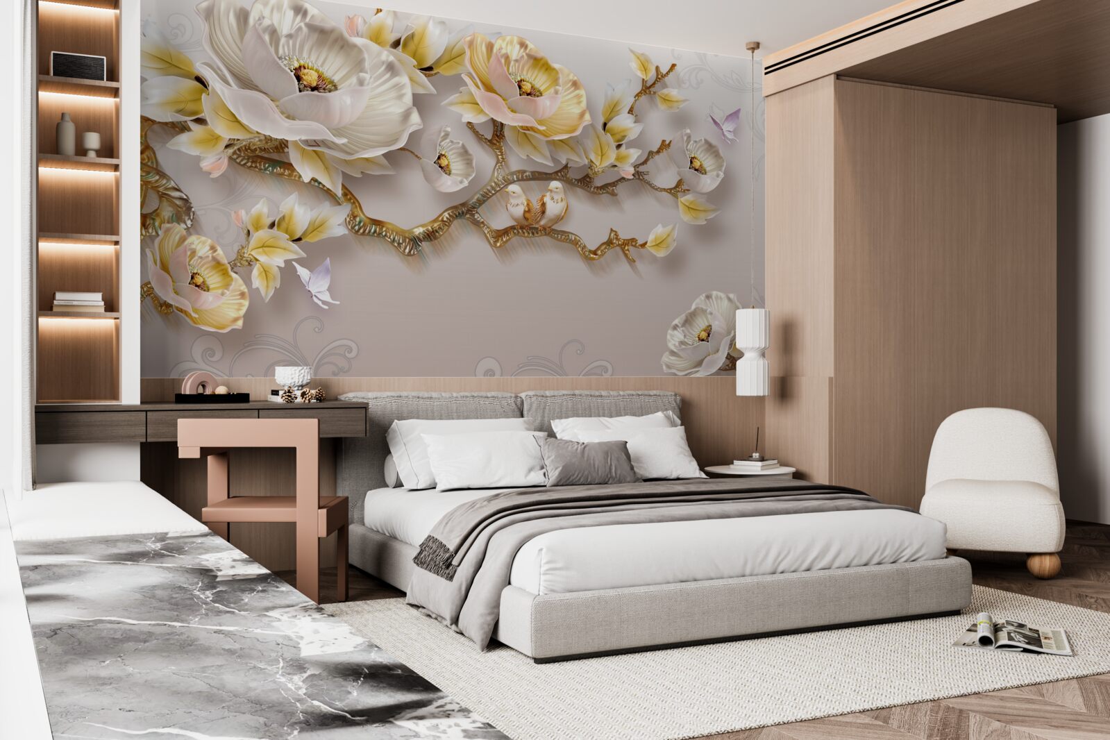 Fototapet bijuterii și aur în formă de ramuri de magnolie