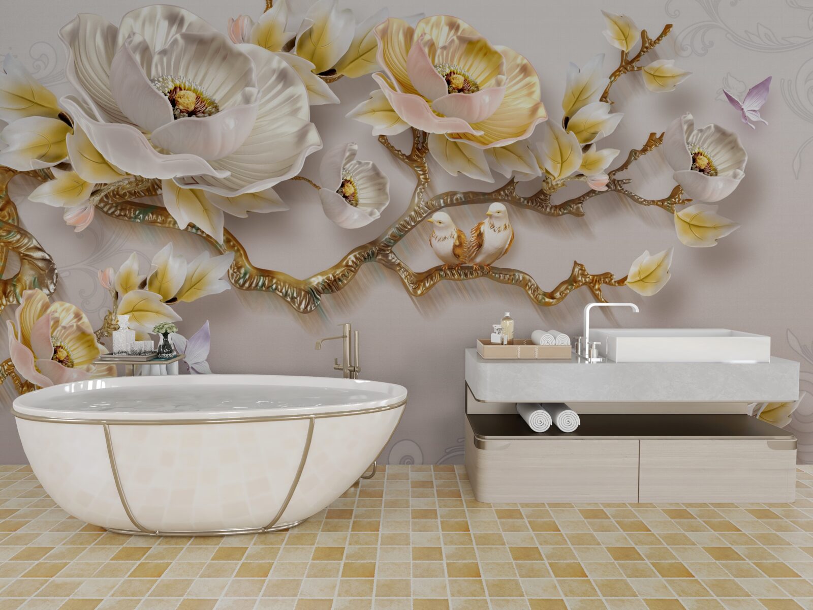 Fototapet bijuterii și aur în formă de ramuri de magnolie