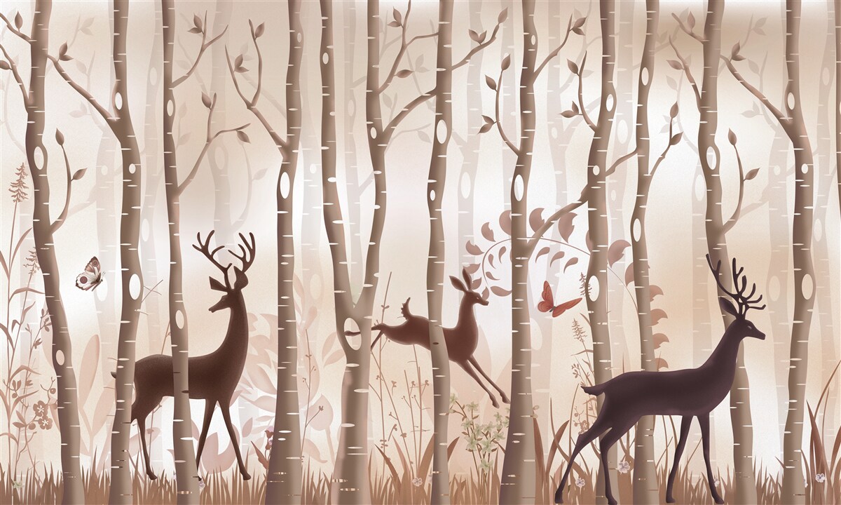 Fototapet pădurea subțire este un loc de plimbare pentru căprioare