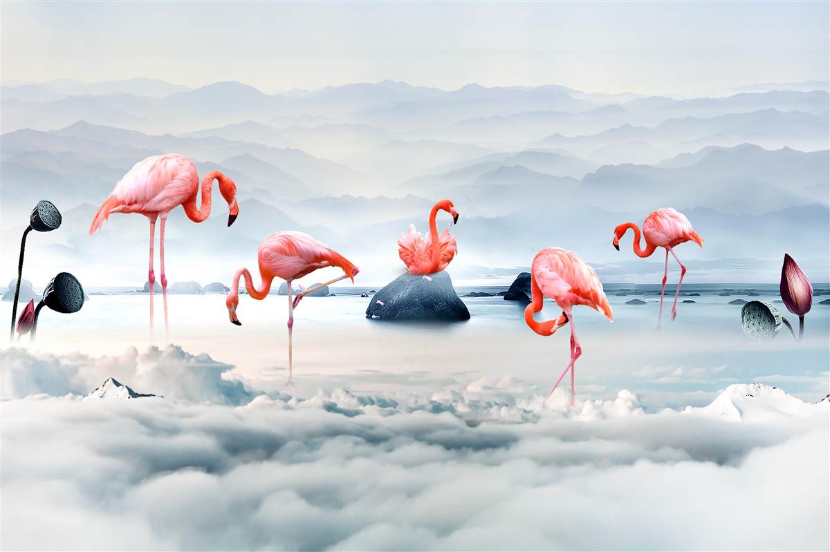 Fototapet flamingo roz printre nori